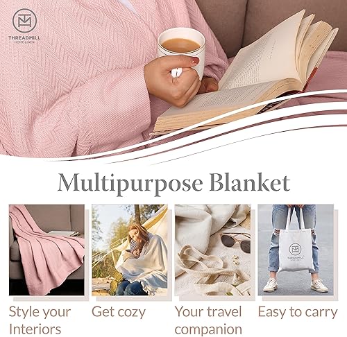 Miniatura 3 de Threadmill Home - Manta de lino de tamaño King, 100% algodón, color blanco, con diseño espiga., Algodón, rosa (English Rose), King