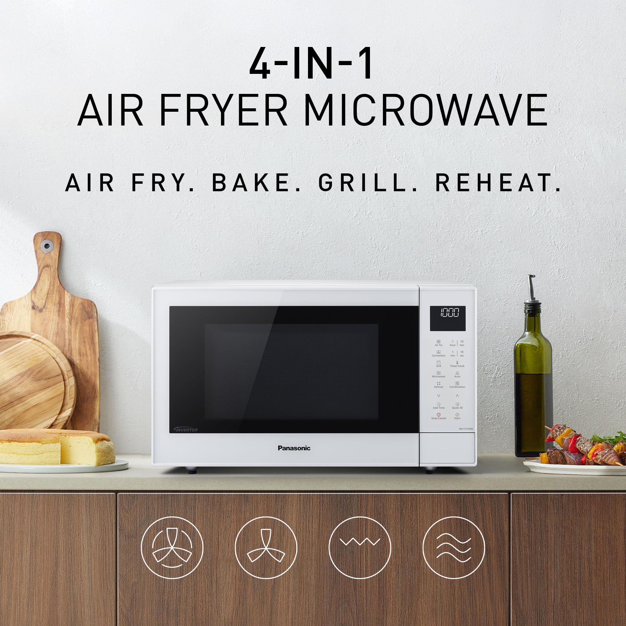 Panasonic NN-CT55RWBPQ 27L kuchenka mikrofalowa kombi 4 w 1 z Airfryer, inwerter 1000 W, grill 1300 W, konwekcja, 19 programów automatycznych, biała