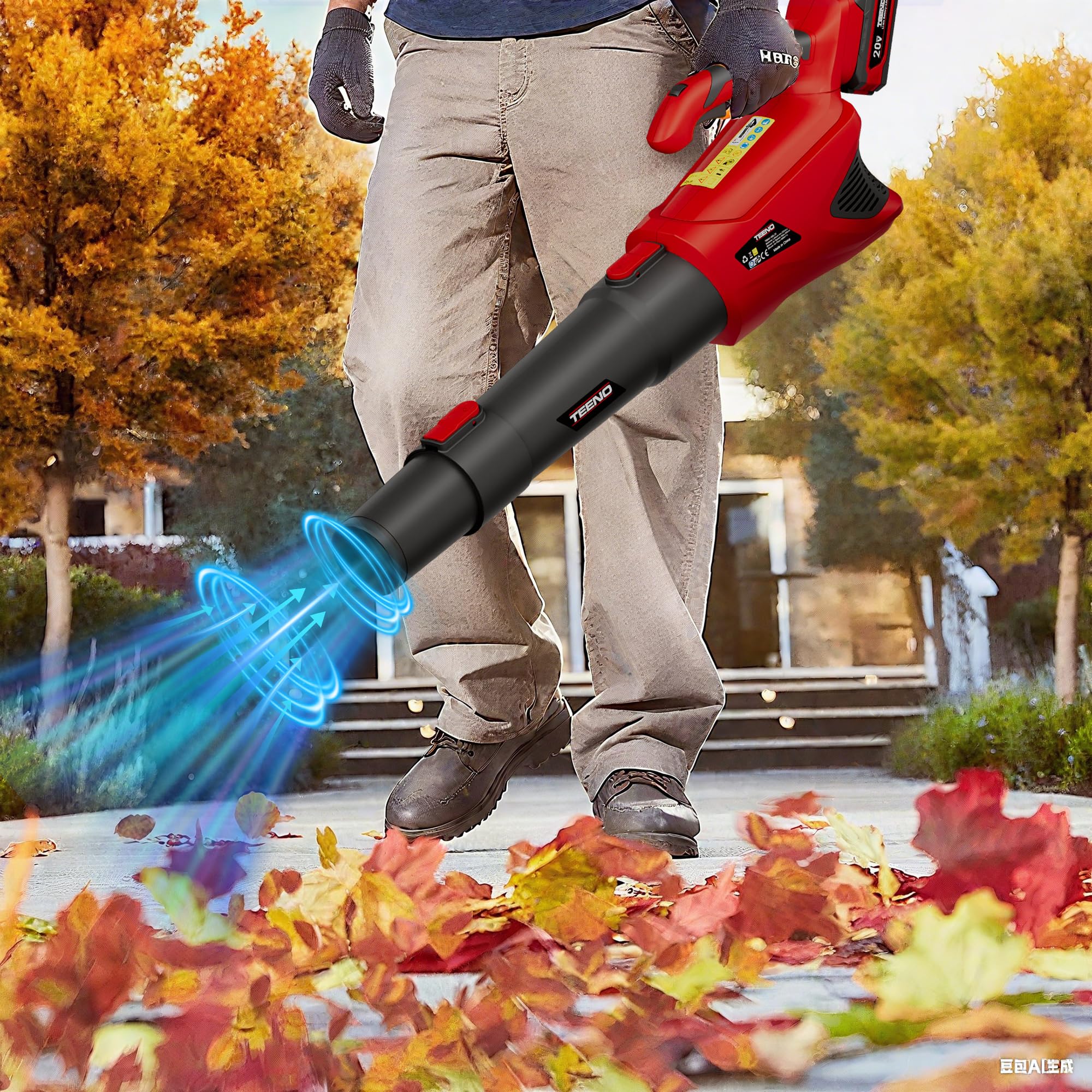 TEENO Souffleur de Feuilles sans Fil 20V, 4,0Ah souffleur à Feuilles avec Batterie, 5 Modes de Vitesse pour l'entretien de la pelouse, 4500W, Le soufflage de la Neige, et Le dépoussiérage