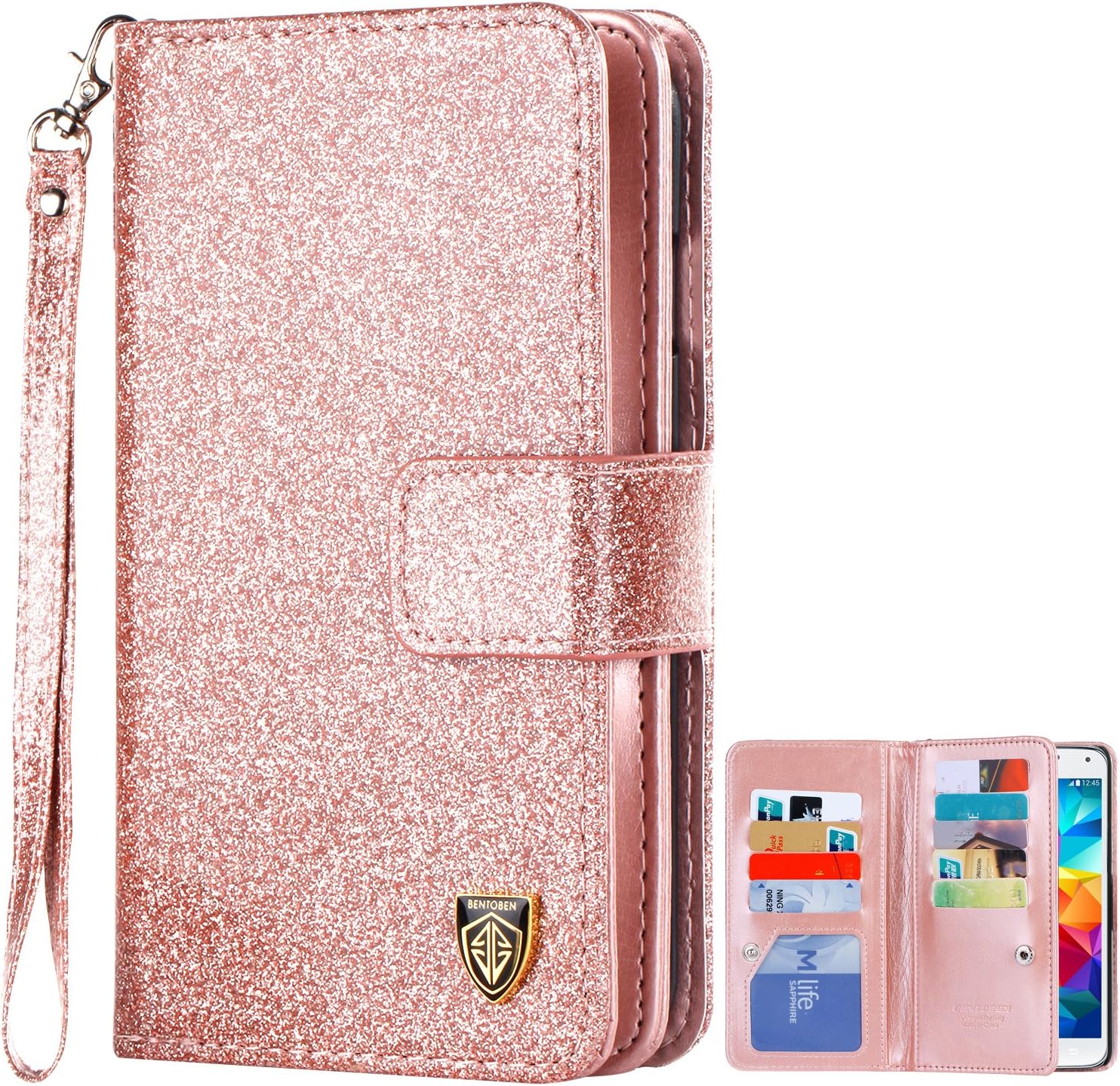 BENTOBEN Case Compatible with Samsung Galaxy S5, Glitter Sparkle Bling Faux Leather Flip Cover Credit Card Holder Cash Pocket Wristlet Protective Wallet Cases Cover for Samsung Galaxy S5, Rose Gold