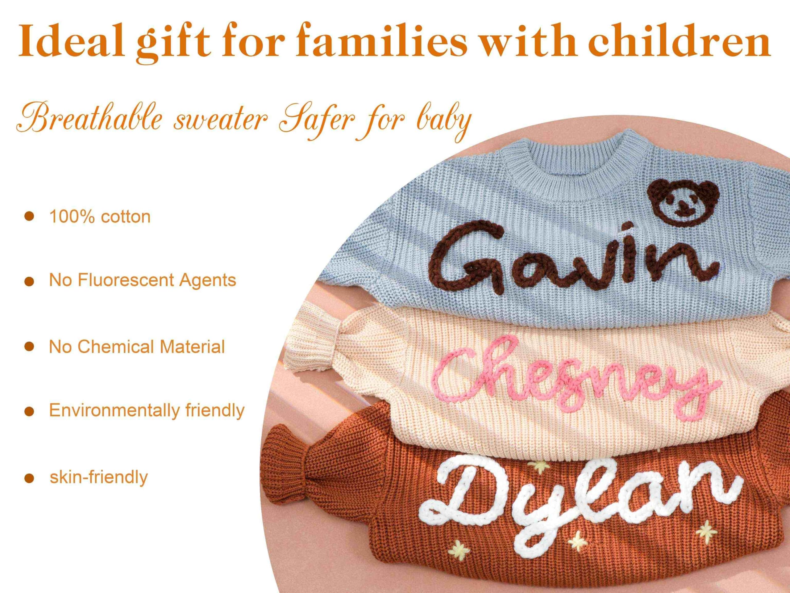 Personalized Knit Sweater, Custom Sweater with Hand-Embroidered Name and Monogram, Unique Gift for Baby 0-6M Light Khaki