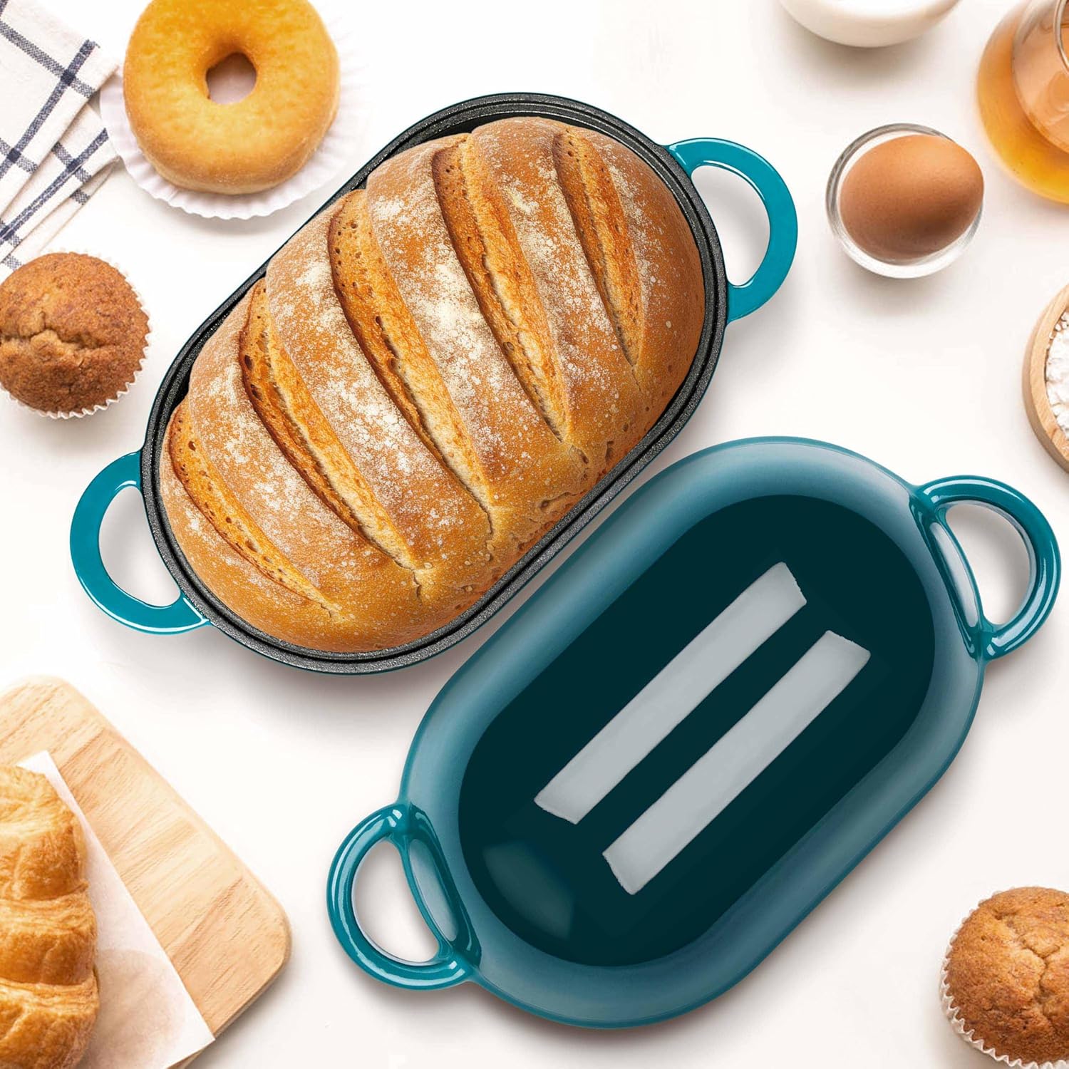 Homikit Enameled Cast Iron Dutch Oven for Bread Baking, 2.8 QT Oval Bread Oven Pot with Lid, 9.5 x 5.7 Inch Sourdough Loaf Baking Pan for Homemade Bread, Heavy Duty & Oven Safe, Dark Green - Image 9