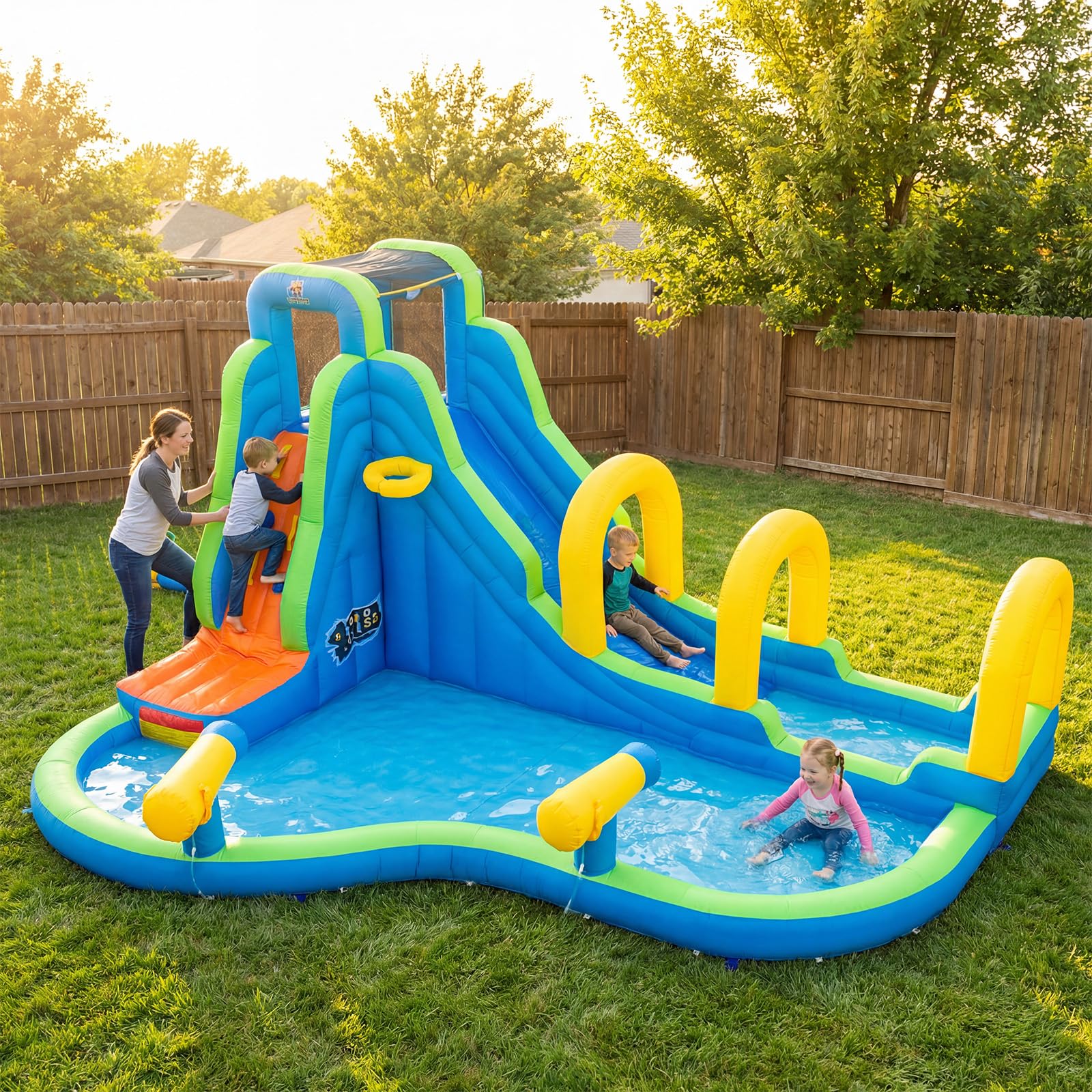 COSTWAY Hüpfburg mit Rutsche, Planschbecken, Kletterwand, Basketballkorb & 2 Wasserkanonen, Wasserhüpfburg für Kinder, Wasserpark für Außenbereich, 465 x 345 x 242 cm