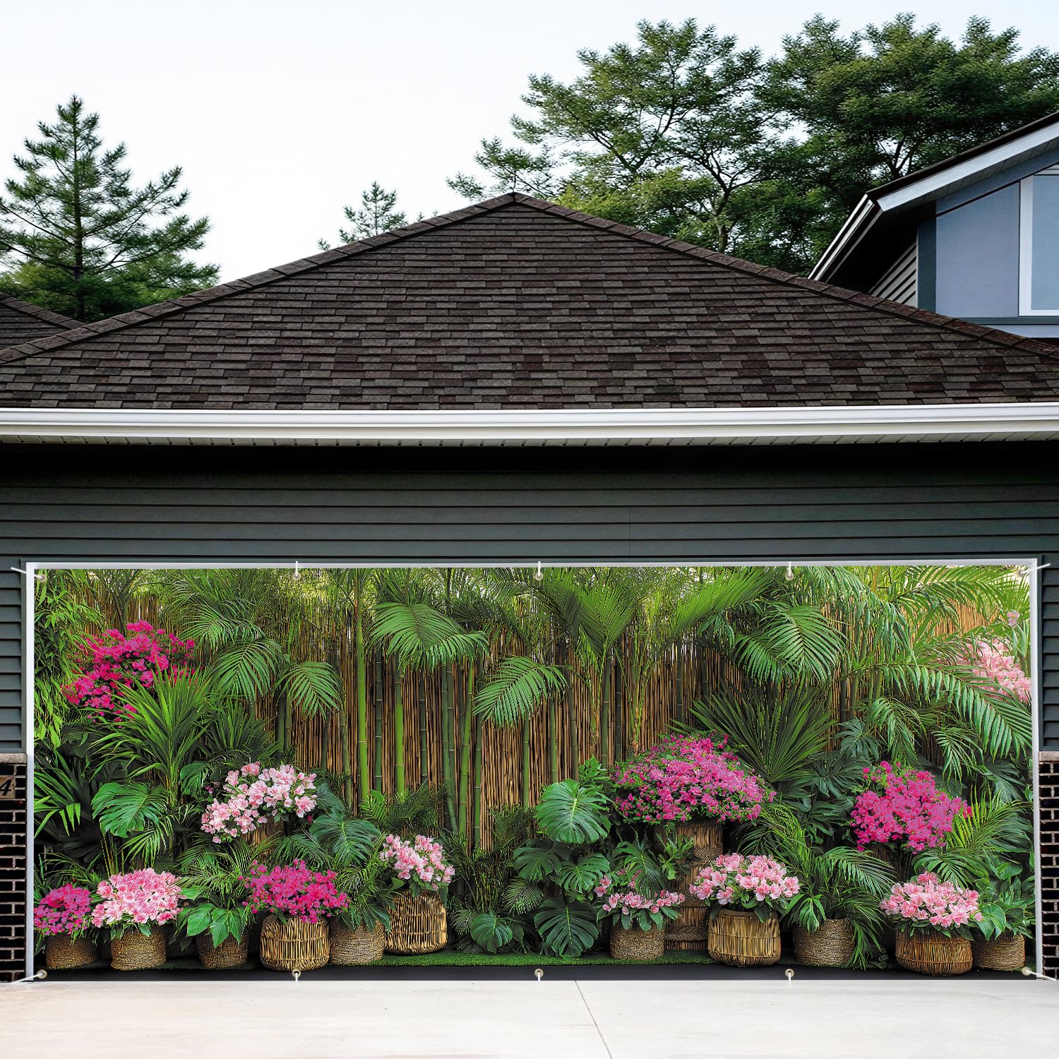 7x16FT Spring Summer Flower Fence Tropical Flowers Garage Door Banner Summer Tropical Leaves Garage Door Cover Decoration