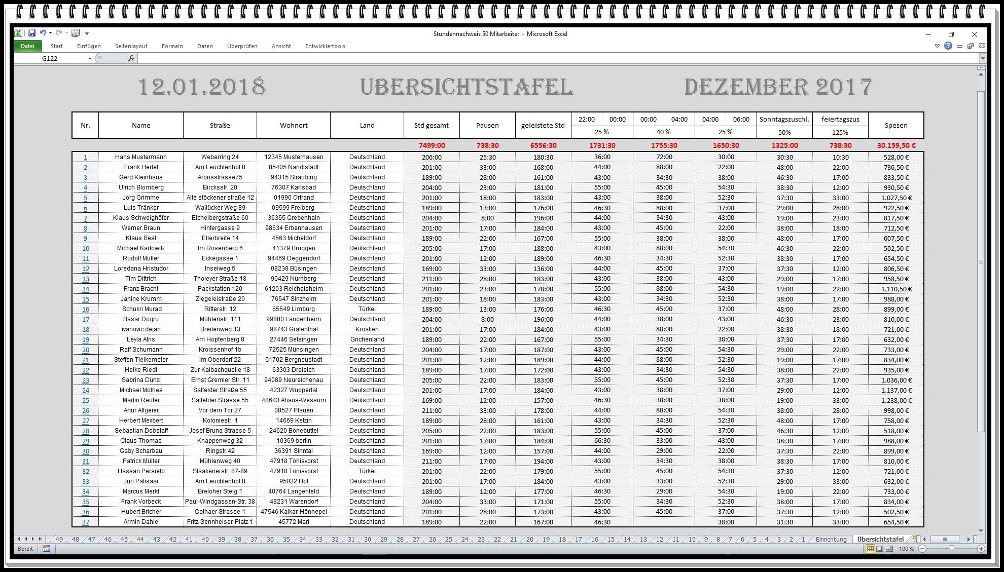 Digitale Arbeitszeiterfassung Stundenzettel Stundennachweis mit automatischer Berechnung Zuschläge Excel