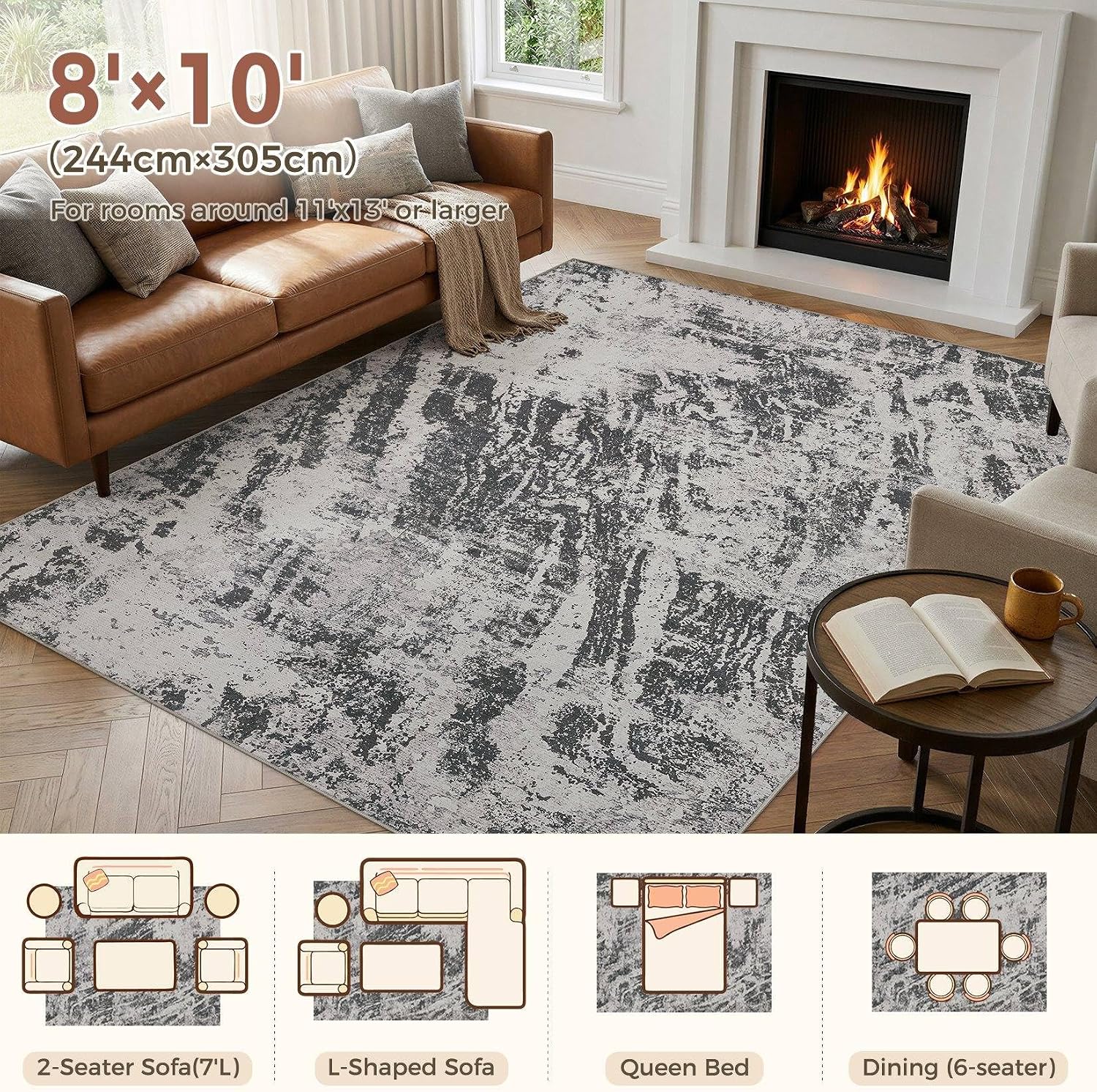 DMOYEST 8x10 Washable Area Rug: Abstract Modern Non-Slip Carpet, Soft Low Pile Indoor Neutral Easy Clean Floor Rugs for Living Room Bedroom Dining Room Kids & Pets - Black