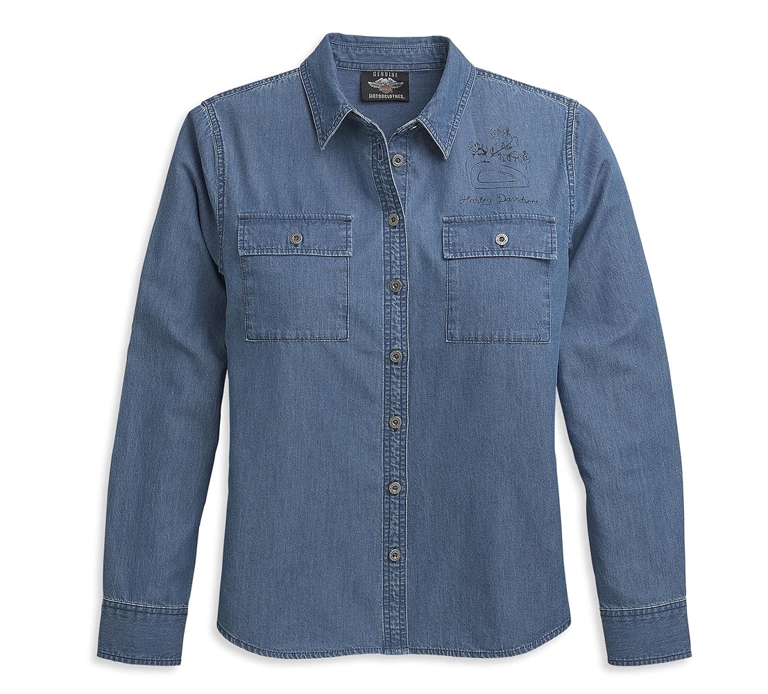Harley Davidson - Harley-Davidson Patch Pocket デニムシャツ Amazon.com: Harley-Davidson Women's Patch Pocket Denim Shirt