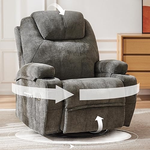 360°Swivel Recliner Chair, Manual Rocker Modern Ergonomic Lounge Single Seat Living Room Recliners Foam Filling 2 Cup Holders & Side Pocket,Grey