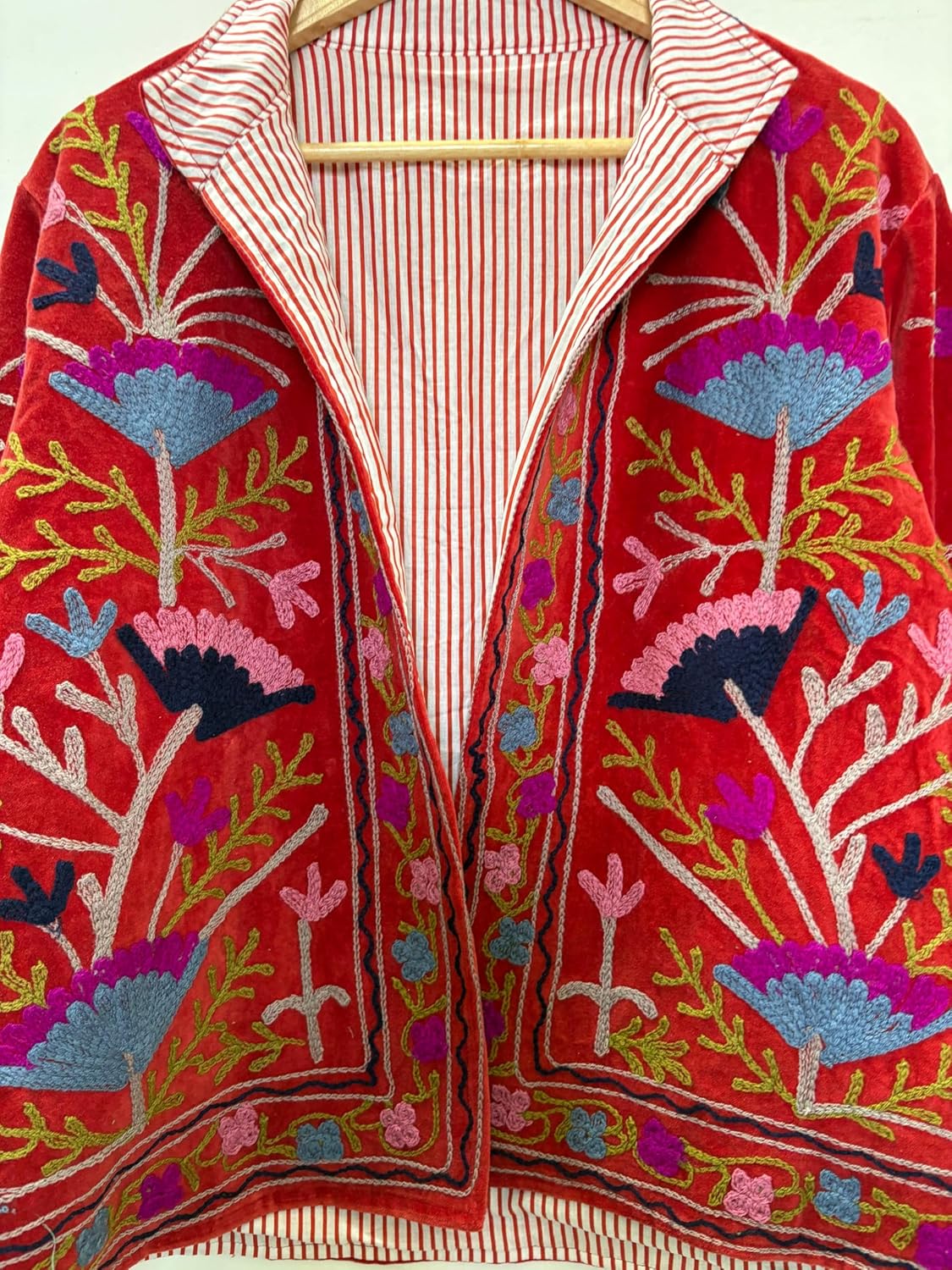 Embroidered Floral Jacket, Red Velvet, Striped Lining, Collared, Multicolor Embroidery