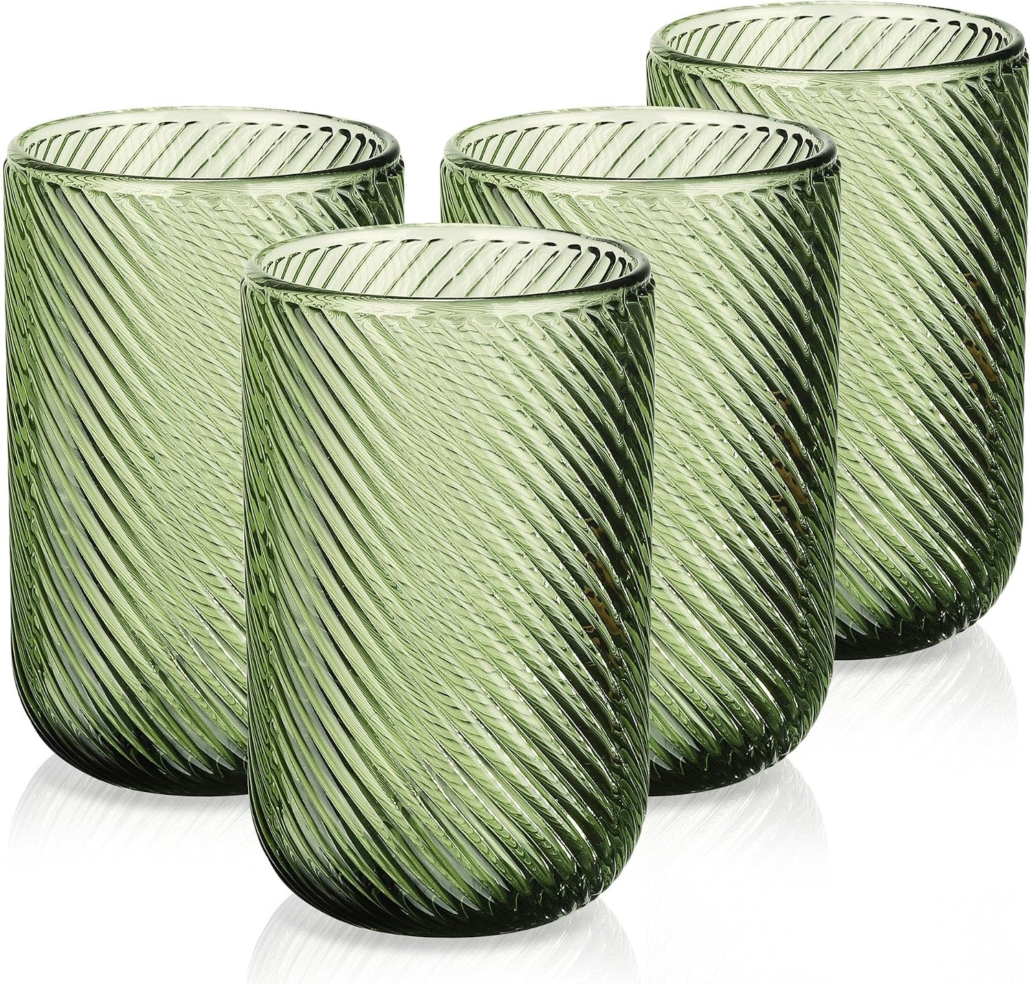Joeyan Vintage Drinking Glasses Set of 4, 410ml/14oz Ribbed Embossed Highball Glass Water Tumbler, Colored Tall Glassware Beverages Cups for Whisky, Cocktail, Beer, Juice, Tea, Wine, Green