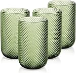 Joeyan Vintage Drinking Glasses Set of 4, 410ml/14oz Ribbed Embossed Highball Glass Water Tumbler, Colored Tall Glassware Beverages Cups for Whisky, Cocktail, Beer, Juice, Tea, Wine, Green