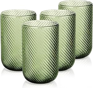 Joeyan Vintage Drinking Glasses Set of 4, 410ml/14oz Ribbed Embossed Highball Glass Water Tumbler, Colored Tall Glassware Beverages Cups for Whisky, Cocktail, Beer, Juice, Tea, Wine, Green