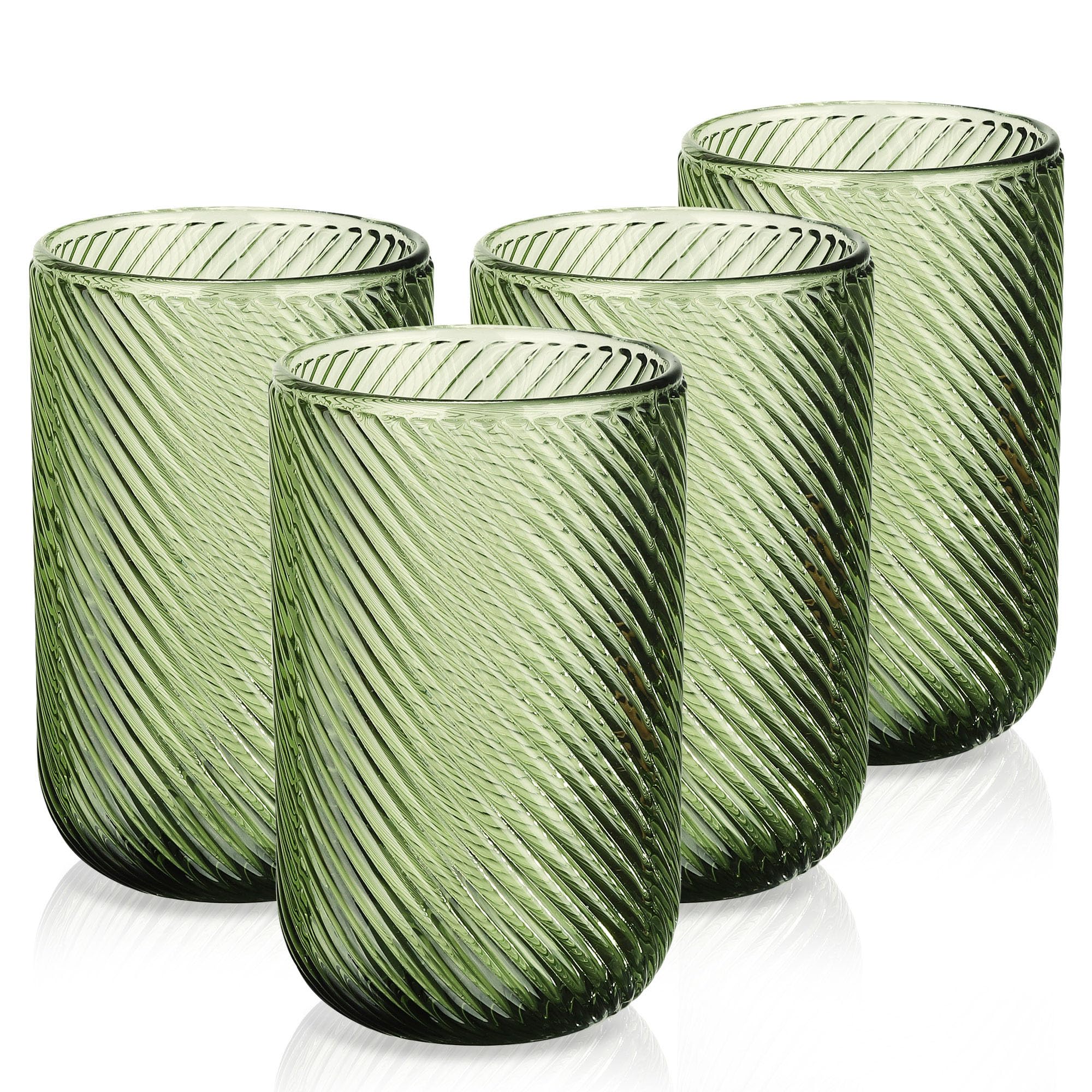 Joeyan Lot de 4 Verres à Eau Vert, 410ml Grande Verres à Jus et Soda, Moderne Verres à Boire Décoré en Strié Relief, Verre de Table Pour Whisky,Cocktail,Thé,Orangeade,Limonade, Lavable Lave-Vaisselle