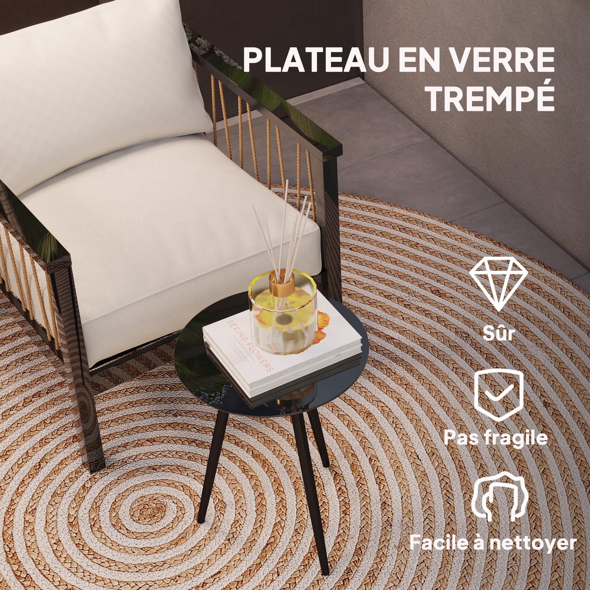 Outsunny Petite Table Basse Ronde, Table d'appoint, Plateau en Verre trempé, Pieds effilés, Cadre en Acier, Table de Jardin pour Balcon, Jardin, terrasse, Salon, Noir