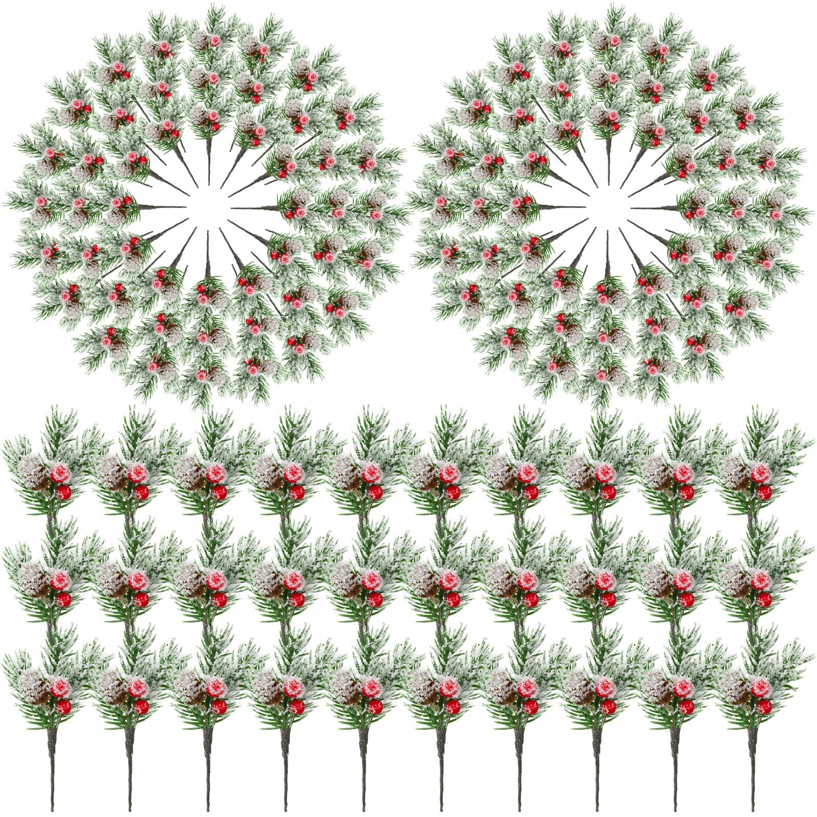Rote Beerenstiele, Tannenzweige mit Schnee, künstliche Weihnachtsspieße, Blumen-Tannenzapfen, künstliche Stechpalmenzweige zum Basteln (frisch, 96 Stück)