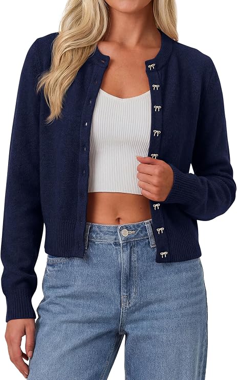 PRETTYGARDEN Womens Cropped Button Up Knit Cardigan Sweater | Cute Crewneck Long Sleeve Lightweight Tops, 2026 Fall Trendy Slim Fit Soft Cozy Casual Cardigans, Holiday Party Sweaters