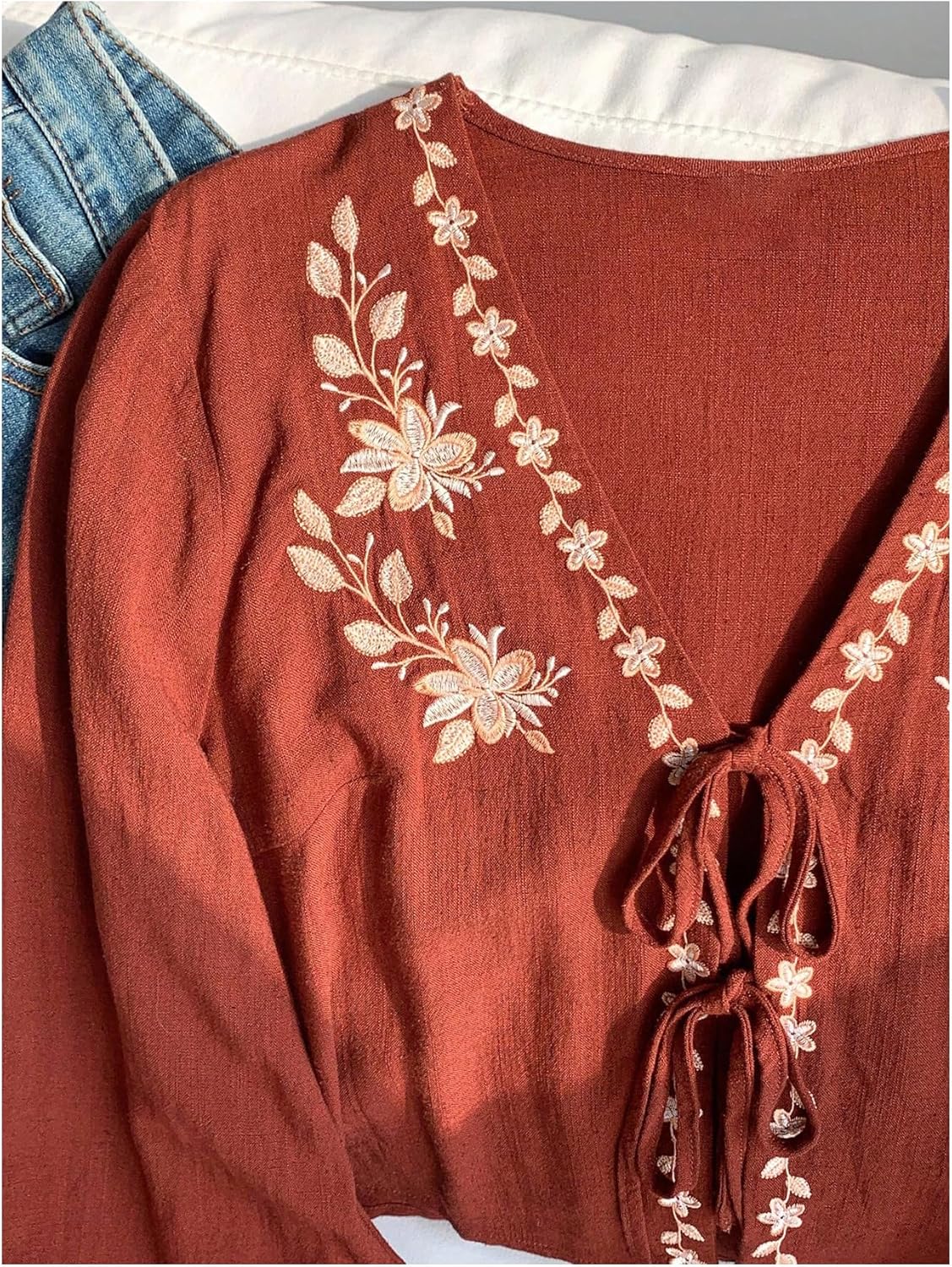 GORGLITTER Women's Floral Embroidered Tie Front Crop Top Boho Linen V Neck Lantern Sleeve Blouse Country Concert Outfits - Image 3