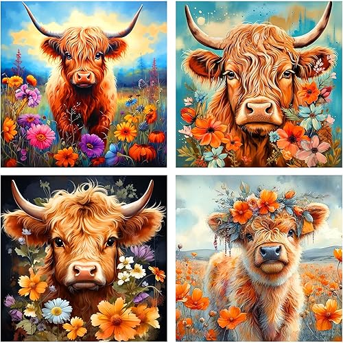 ijbnhd Paquete de 4 kits de arte de diamantes de vaca para adultos, lindos kits de pintura de diamante de vaca para adultos, pintura de diamante de
