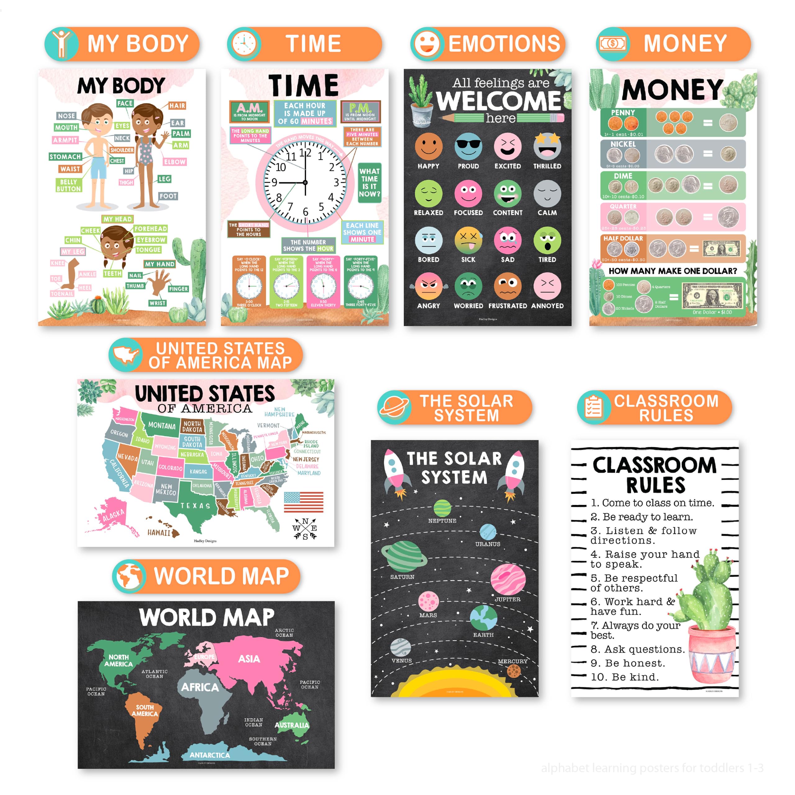 Hadley Designs Lot de 16 affiches éducatives pour les incontournables de la salle de classe – Affiches laminées pré-maternelles pour les tout-petits et les activités d'apprentissage préscolaire