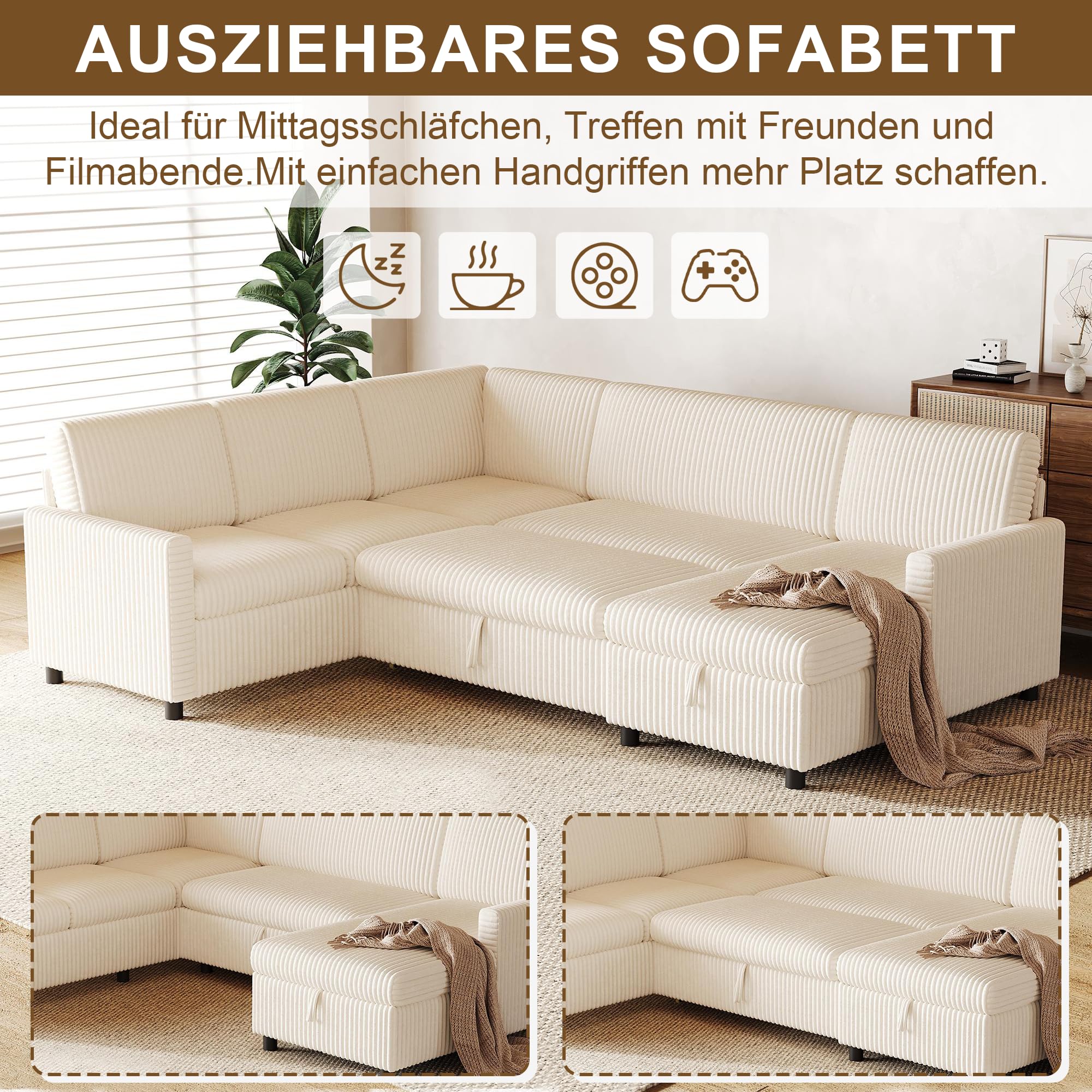 Sofá cama esquinero moderno en forma de L de 274 cm con función de dormir, sofá cama extensible, tela de pana gruesa, chaise longue con espacio de almacenamiento (beige)