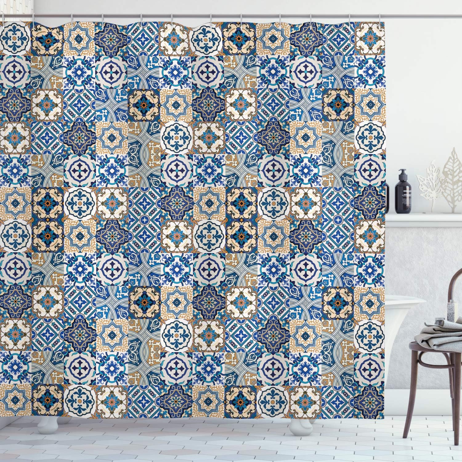 Ambesonne Moroccan Shower Curtain, Tile Pattern with Portuguese Traditional Azulejo Motifs Oriental Curls, Cloth Fabric Bathroom Decor Set with Hooks, 69" W x 70" L, Blue White Pale Brown