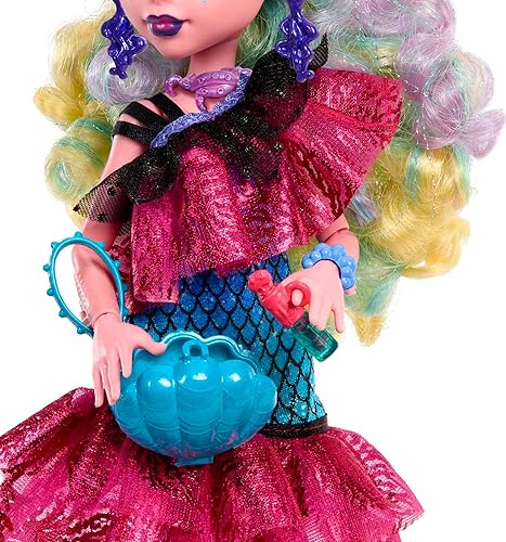 Miniatura 3 de Monster High Muñeca Monster Ball, Lagoona Blue en vestido de fiesta con accesorios temáticos que incluyen globos y ponchera