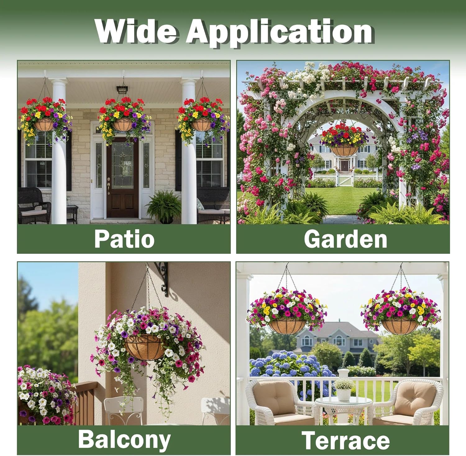 4 Pack 12 Inch Hanging Baskets for Plants Outdoor Metal Hanging Planter Basket with Coco Coir Liner Hanging Flower Baskets Hangings Flower Pots Holder for Garden, Patio(Flower)