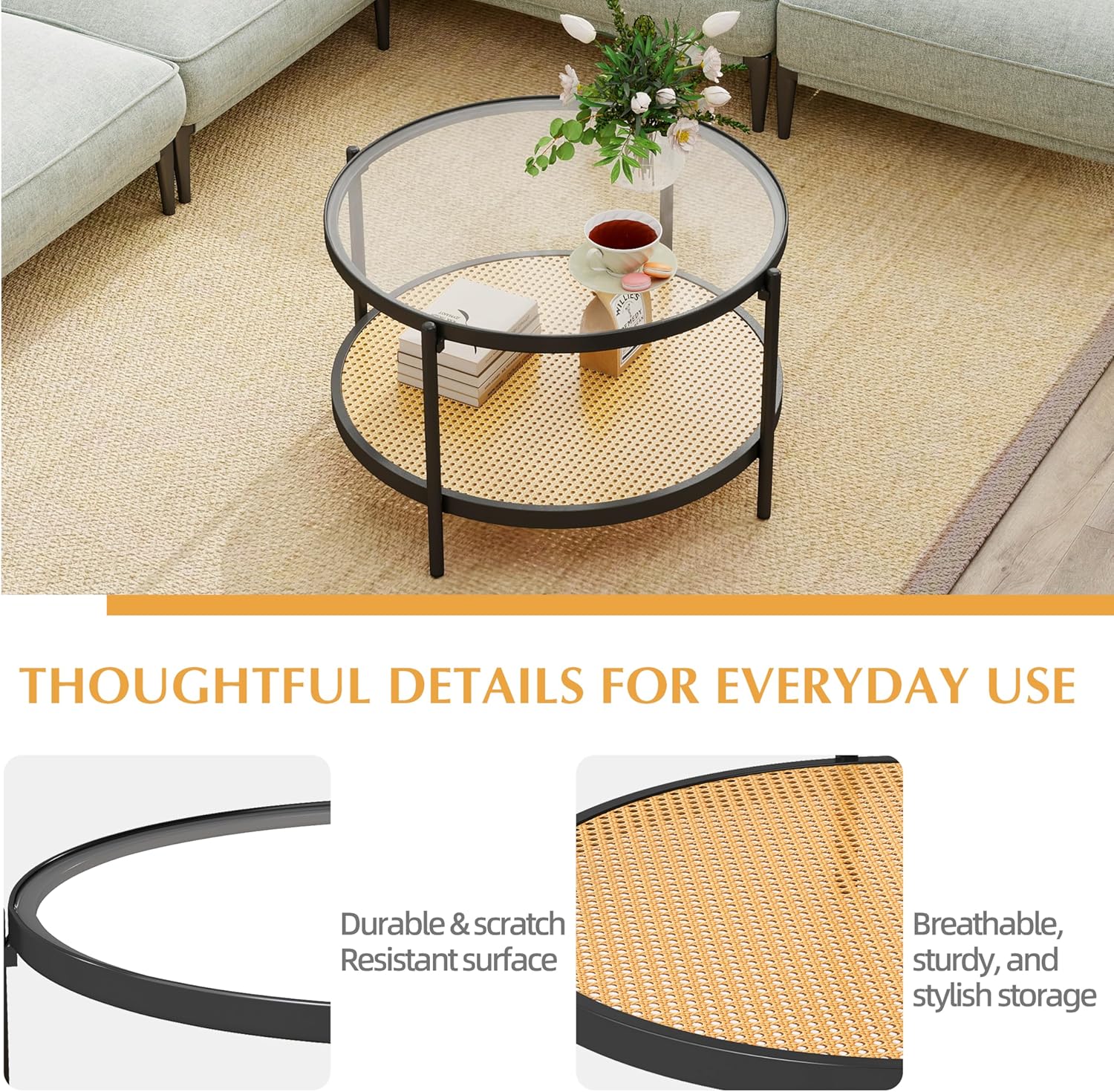 27" Round Coffee Table, 2-Tier Glass Top & Rattan Shelf, Modern Industrial Side Table for Living Room Bedroom Office, Black Metal Frame