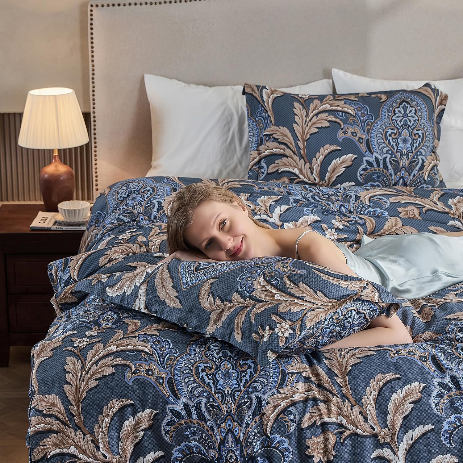 Finlonte Cotton Queen Size Comforter Set, Navy Paisley Bedding Set with Floral Damask Patterns, Ultra Soft Duvet Insert, Fluffy Quilted All-Season Luxury Bed Set with 2 Pillowshams, Navy Blue/Brown