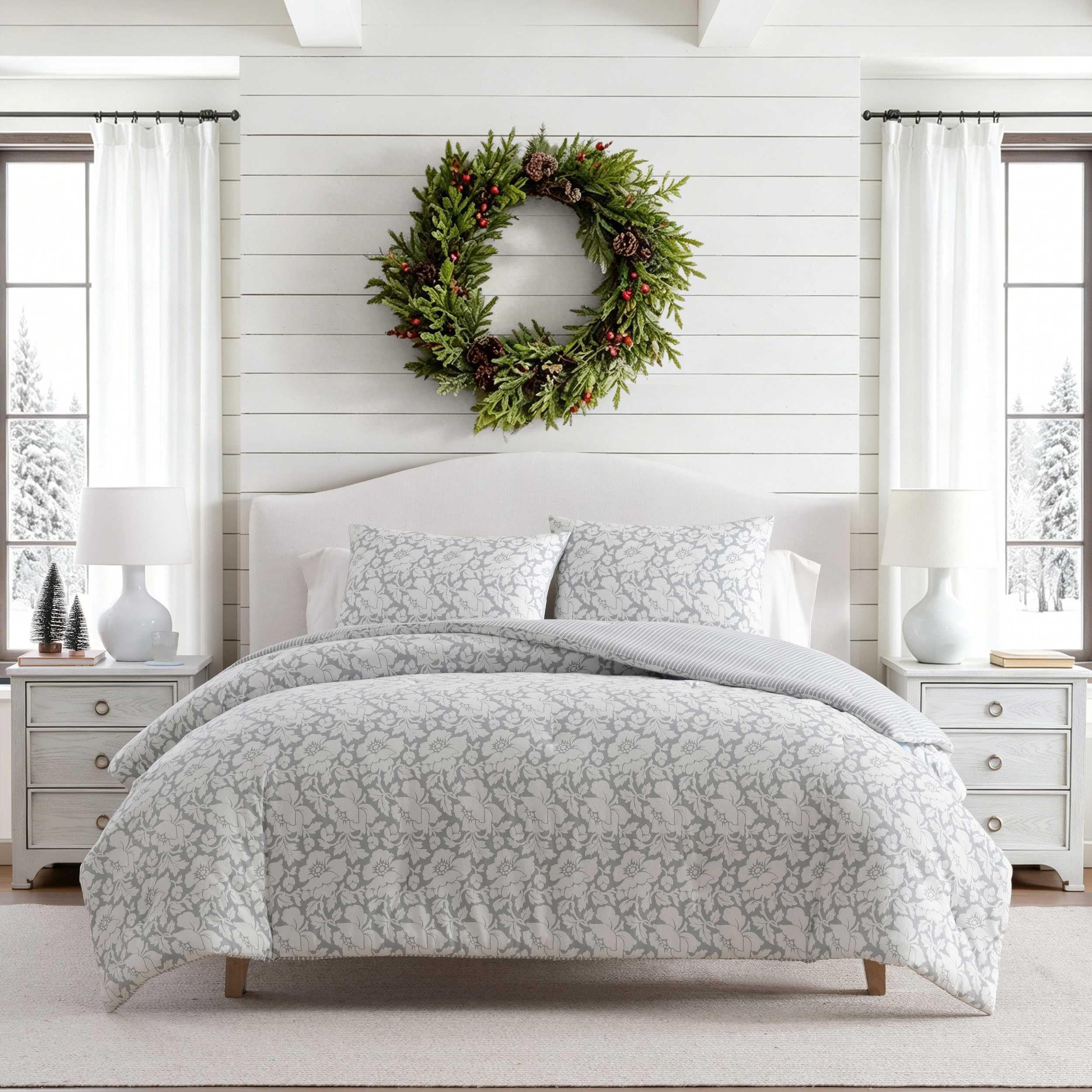 Martha Stewart - Twin Comforter Set with Matching Sham, Soft & Reversible Bedding for Year Round Comfort, Copper Floral & Stripe Blue