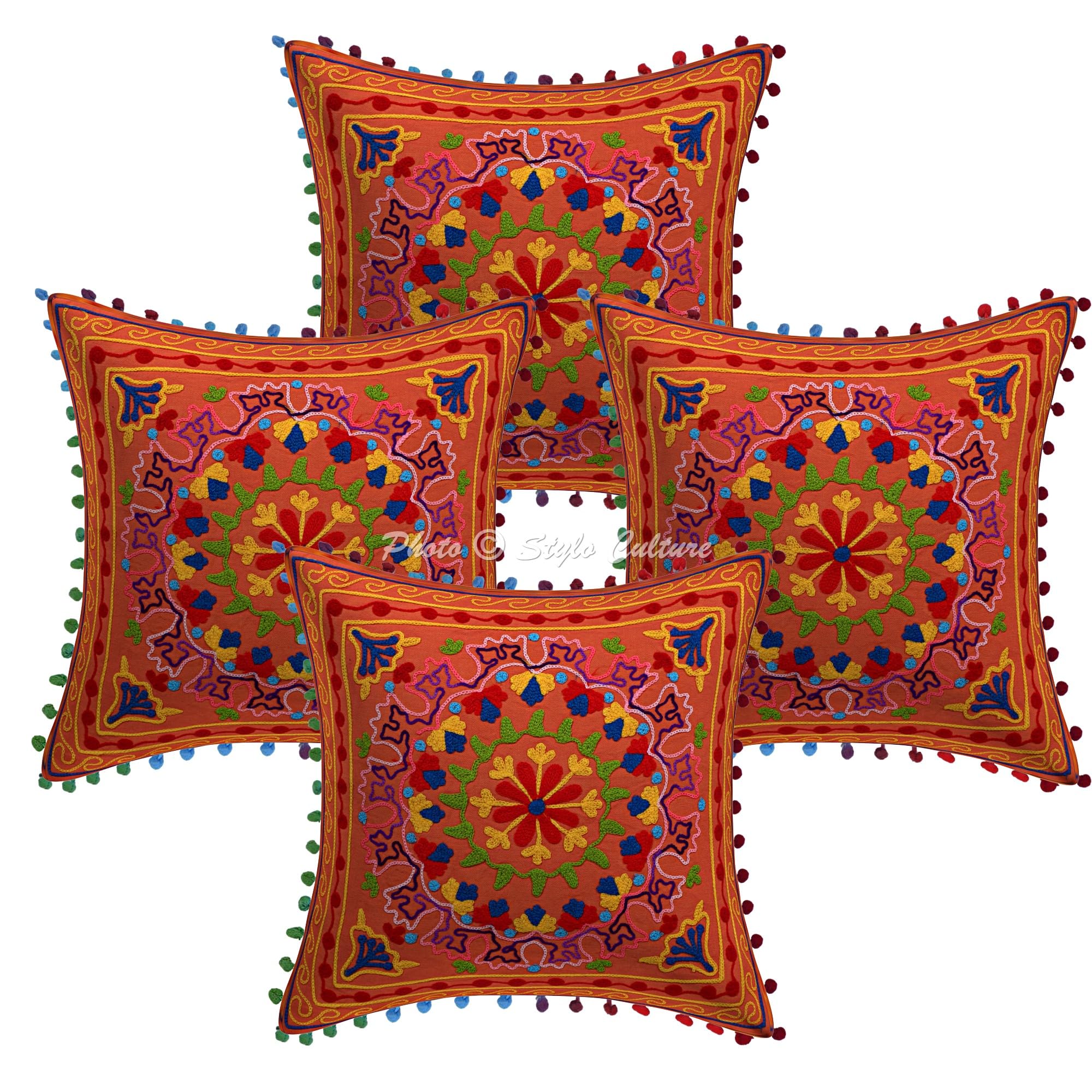 Indische Dekorativ Baumwolle Sofa Kissenbezüge 40x40 cm Orange Dekokissen Suzani Bestickte Pom-Pom-Spitze Wohnzimmer Couch Kissenhullen Blumen Quadrat Kissen Bezüge - 4 STK.