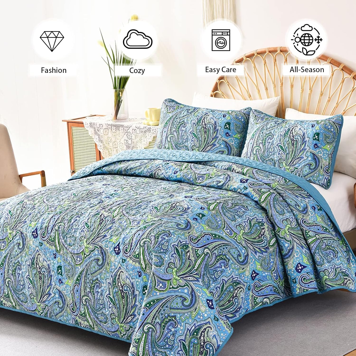 DJY Teal Paisley Quilt Set King Size Boho Bedspread Set 3 Pieces, Soft Lightweight Microfiber Coverlet Set Paisley Floral Pattern Bedding for All Season (Teal, 110''x90'') - Image 3
