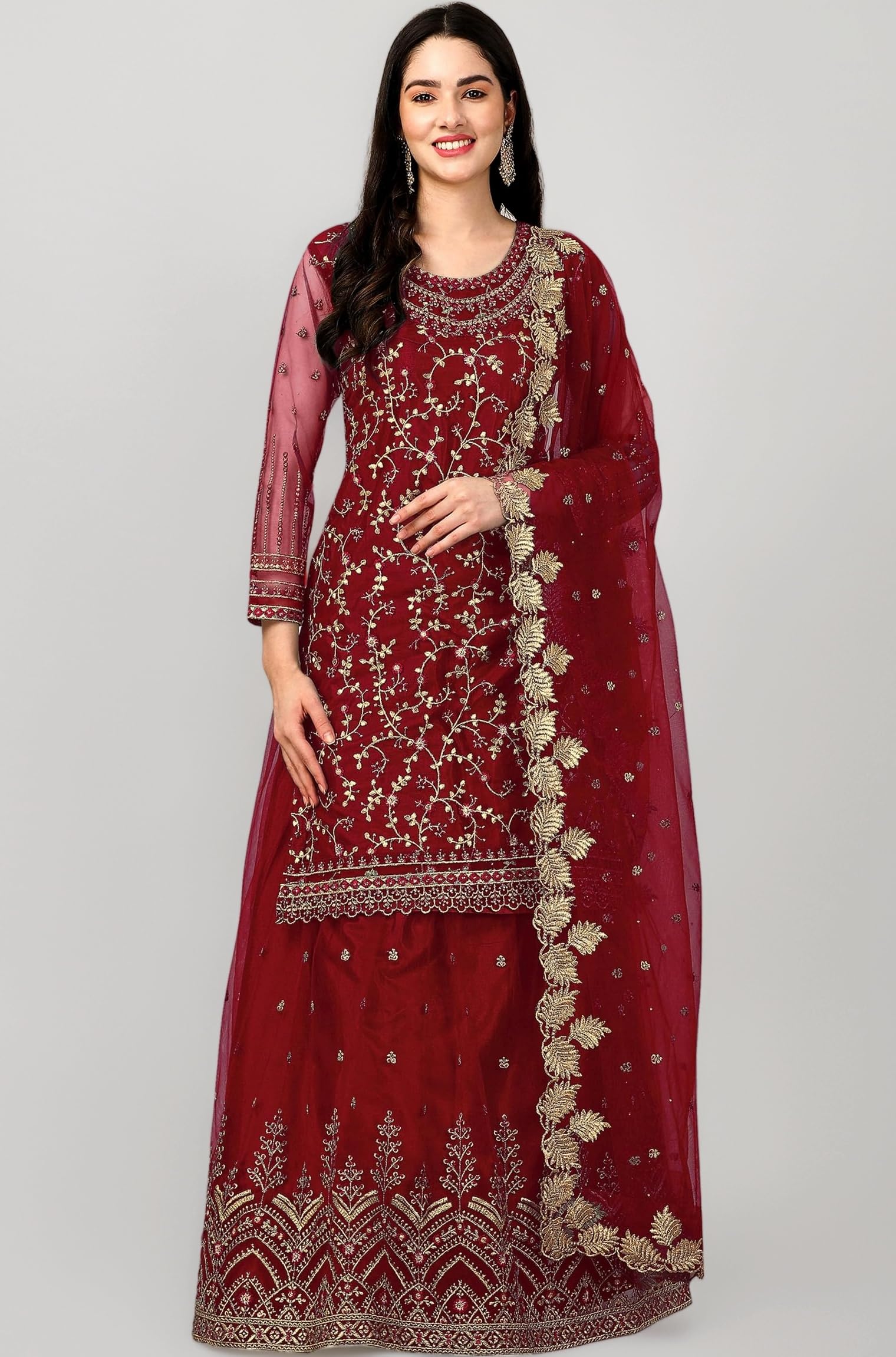 TRENDMALLS Women's Net Embroidery Salwar Suit Set Kurta Lehenga with Dupatta