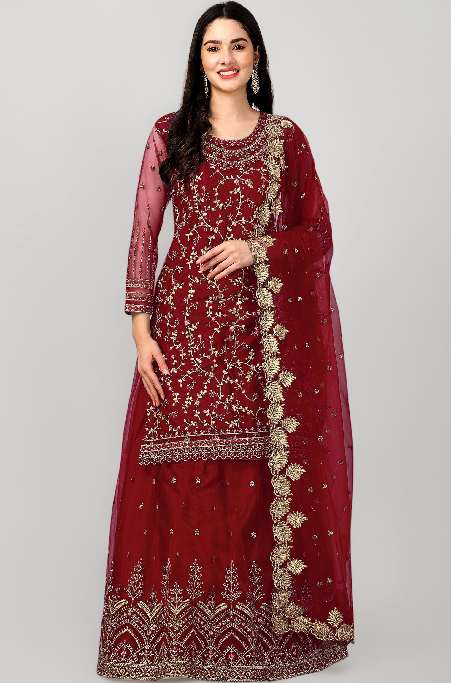 TRENDMALLS Women's Net Embroidery Salwar Suit Set Kurta Lehenga with Dupatta