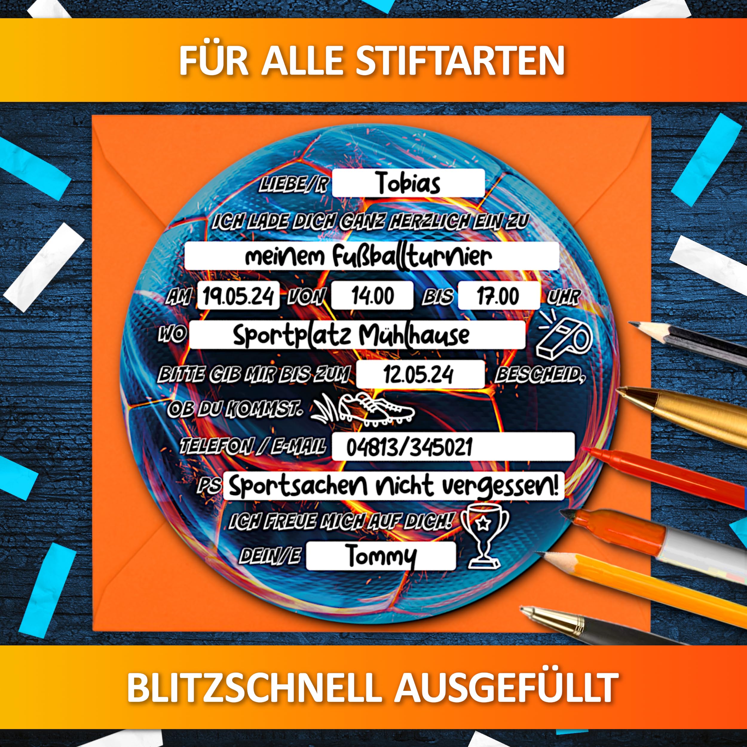 Myhomeevent Set Da 12 Biglietti D'Invito Per Compleanno Bambini A Tema Calcio – Cartoncini Lucidi Rotondi (14,8 Cm) Per Festa Di Compleanno Ragazzi E Ragazze - 4