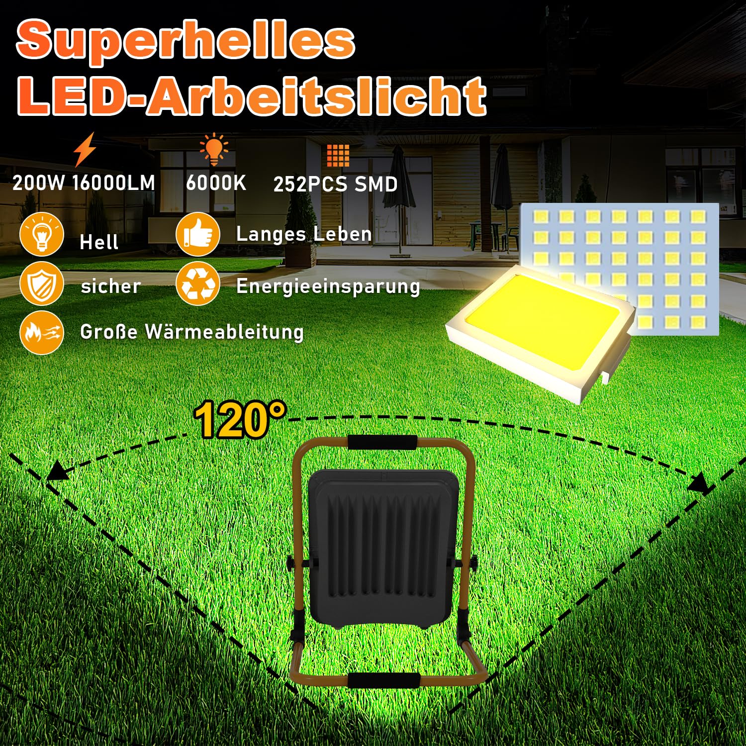 Ikodm 2 piezas 200W Foco de Trabajo LED, Foco LED Portátil con Soporte Plegable, 16000LM 6000K Luz Blanca, IP66 Focos Led Uso en Interiores y Exterior, Cable 3M con Enchufe