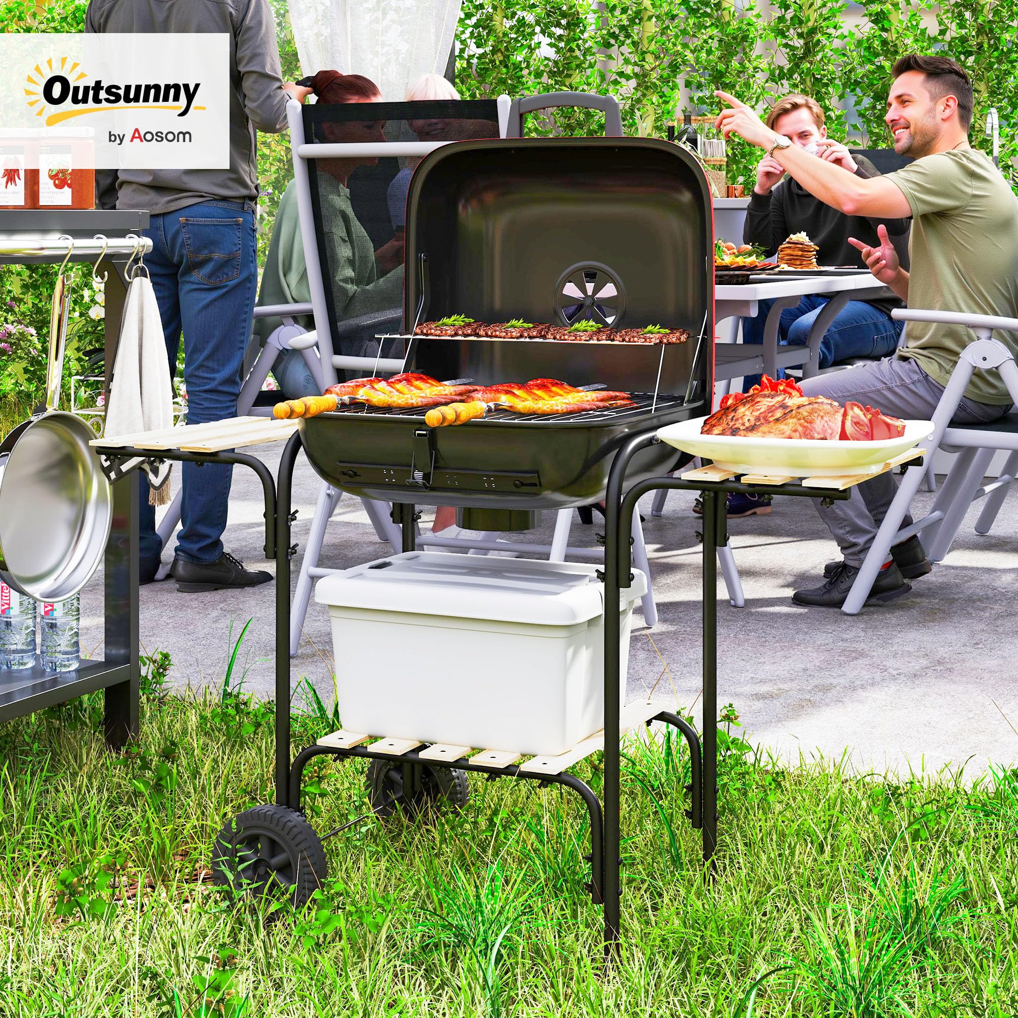 Outsunny Holzkohlegrill Tragbarer BBQ Grill mit 1840cm² Kochfläche, 3 Ablagen, verstellbarer Entlüftung, abschließbarer Deckel, Räder für Kochen im Freien, Gartenparty, Rot | 1840 cm² Kochfläche, verstellbarer Lüftungsschlitz, verschließbarer Deckel, Räde