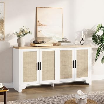 Rattan Storage Cabinet with Shelves, 4-Door Kitchen Sideboard Buffet Cabinet, Boho Console Table for Living Room, Dinning Room, Entryway