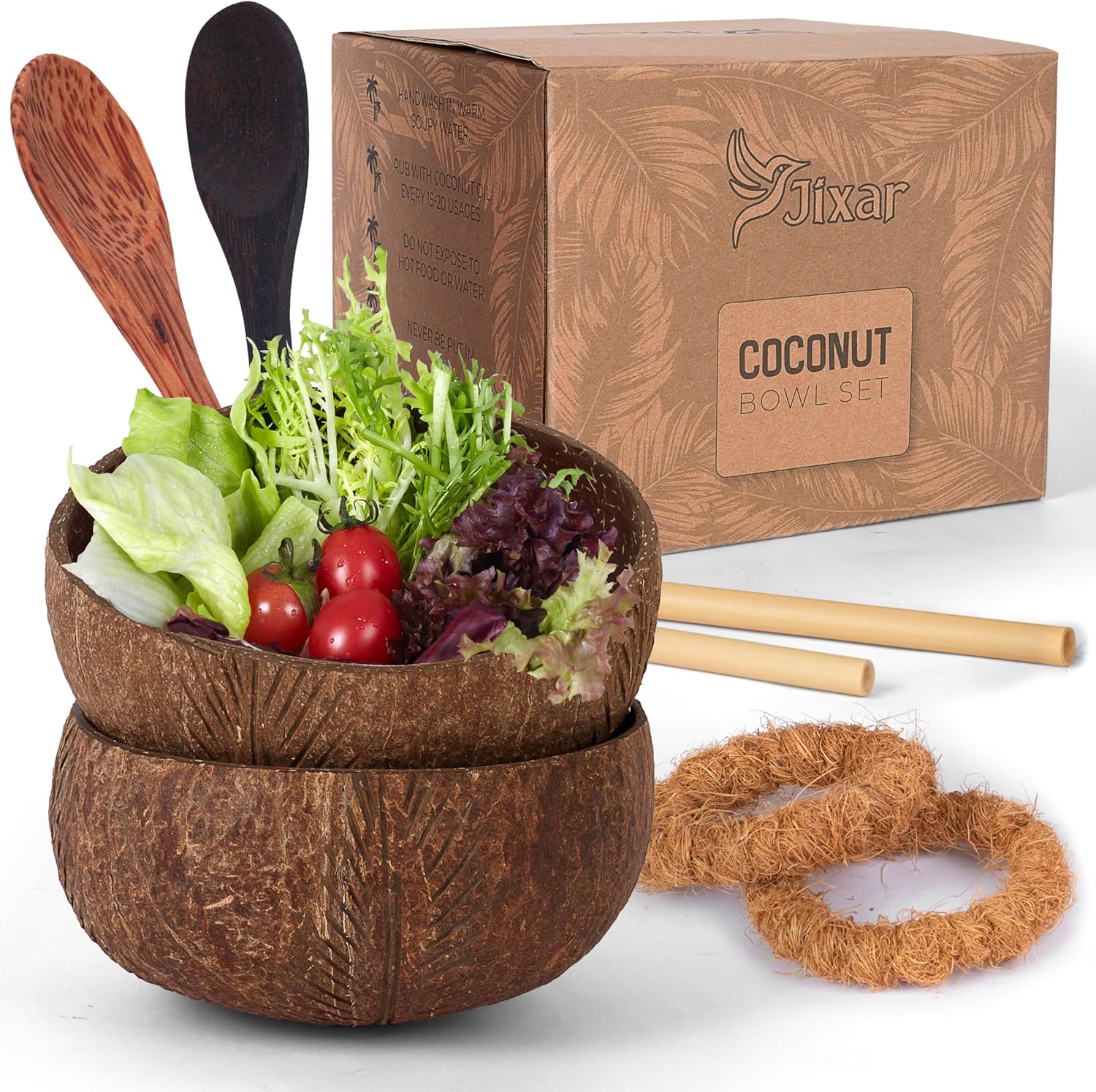 Coconut Bowl Set with Wooden Spoons – Eco-Friendly, Natural Coconut Bowls for Smoothie, Acai, Fruit, and Salad – Perfect Decorative and Serving Bowls