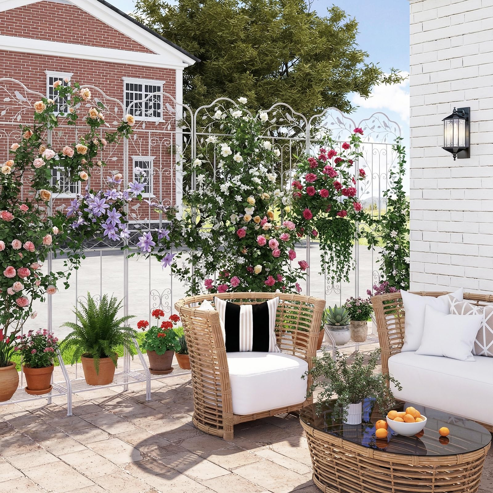 GYMAX Traliccio per Rampicanti in Metallo con Ripiano Pieghevole, Grigliato da Giardino per Recinzione 189,5 x 50 cm, Graticcio Decorativo per Piante Rampicanti per Giardino, Cortile (Bianco,1)