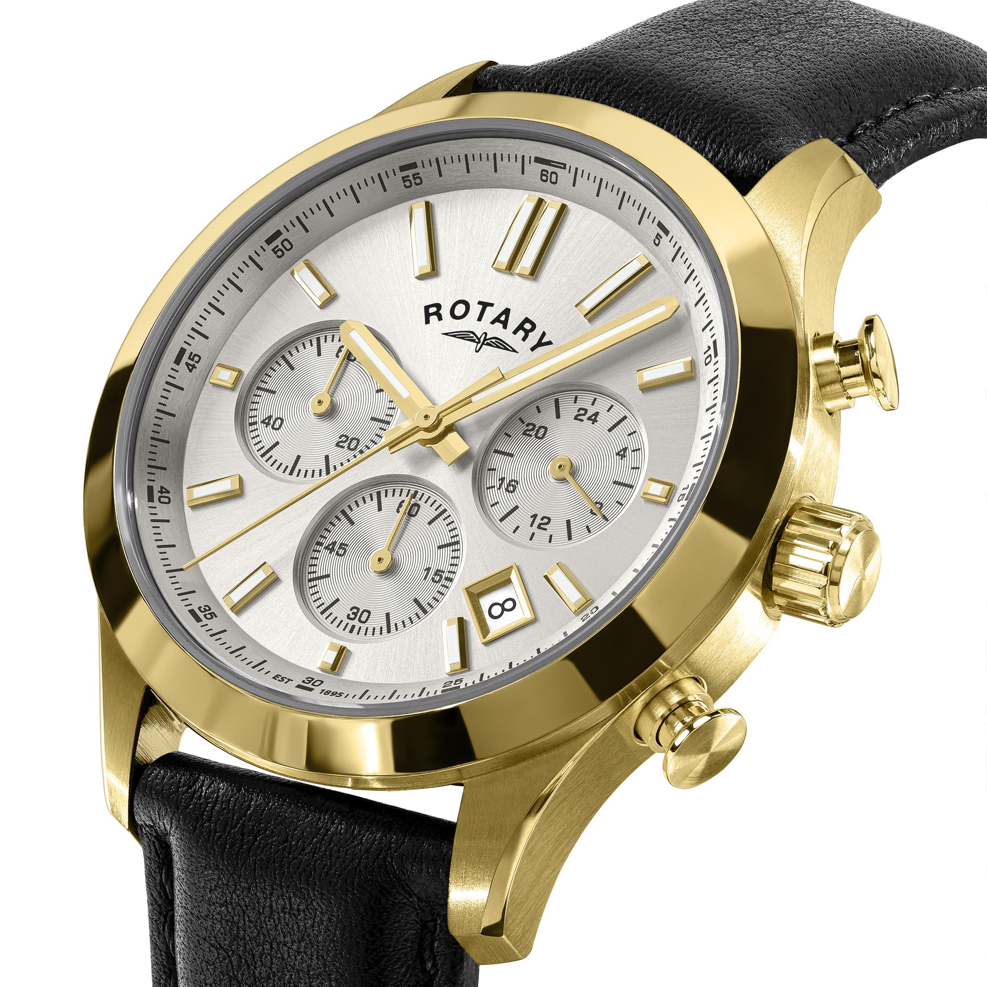 Rotary Heritage Męski zegarek z chronografem ze stali nierdzewnej, pozłacany, z brązowym skórzanym paskiem