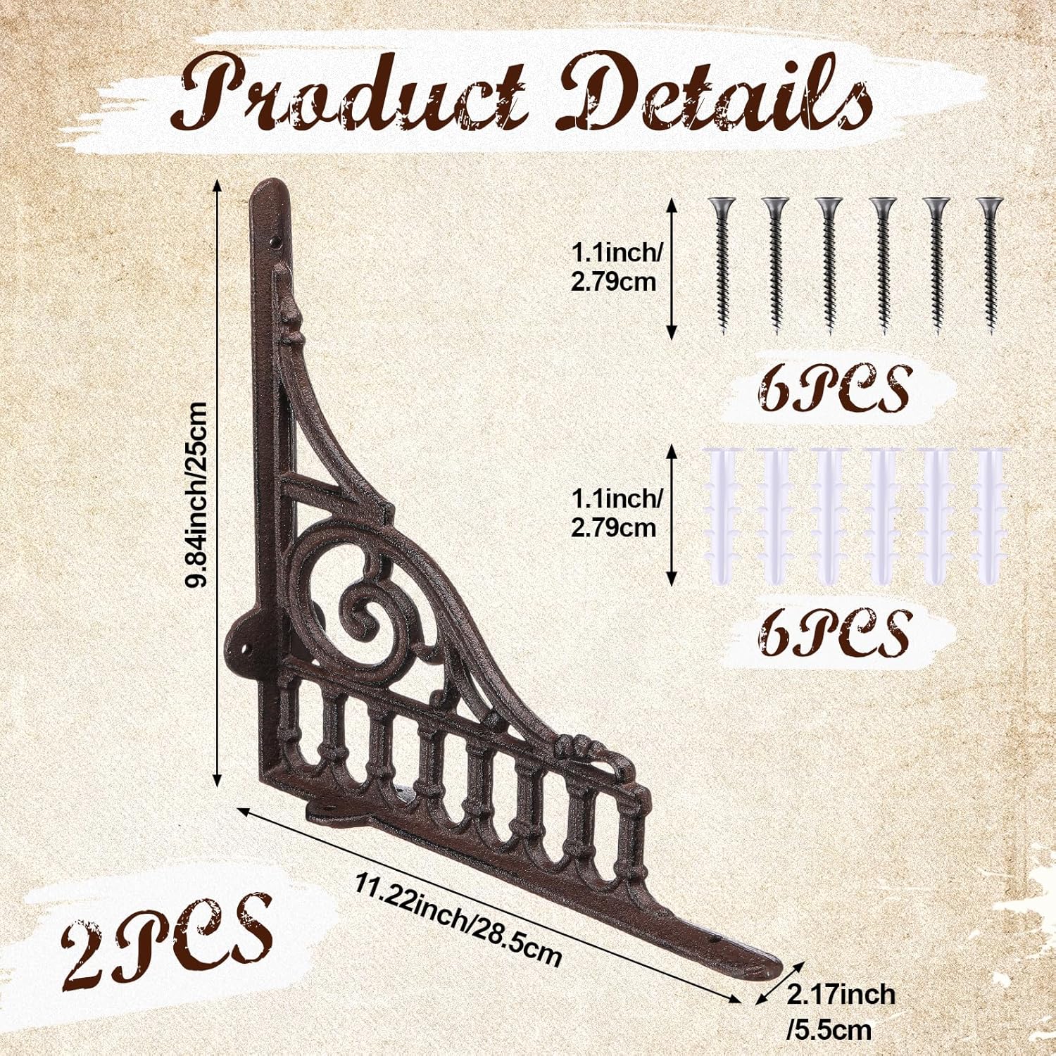 Blulu 2 Pcs 10.6 Inch Cast Iron Shelf Brackets Antique Style Decorative Black Vintage Shelf Brackets Heavy Duty Farmhouse Rustic Wall Decor Classic European Victorian Design Bookcase Brace for Wall