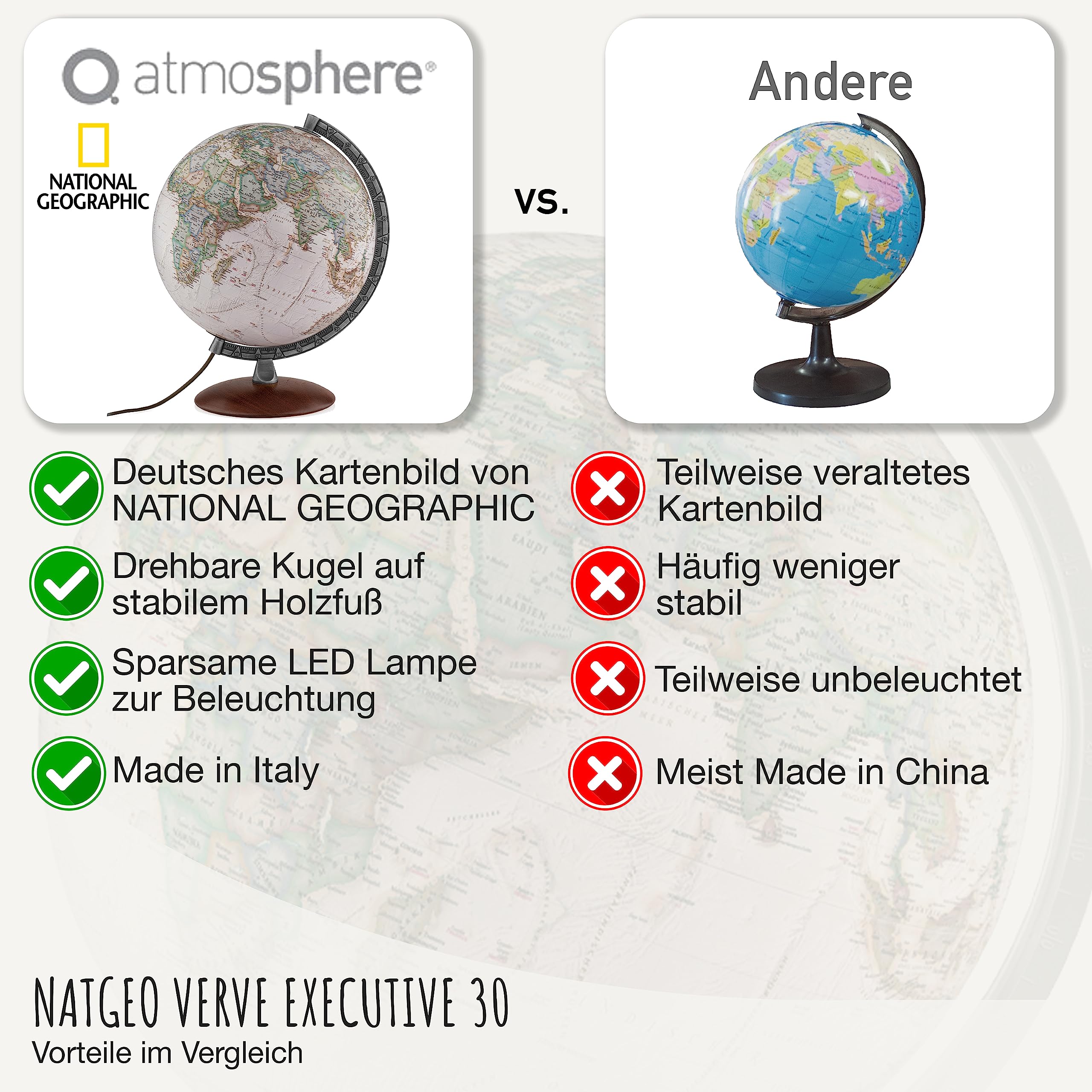 National Geographic Verve Executive Antik-Globus - 30 cm Globus mit politisch-physischer Kartografie in deutscher Sprache, beleuchtet und mit drehabren Holzfuß und Metallmeridian