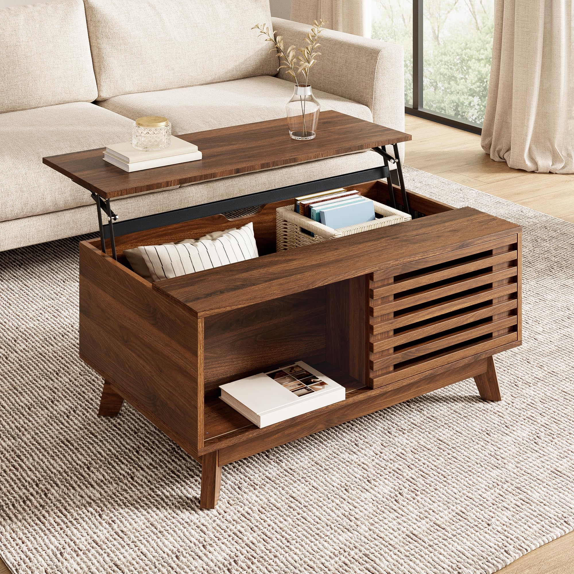 SACOOL Mesa de centro moderna retro, altura ajustable, puerta corredera, efecto nogal, cuerpo de MDF, mesa de salón multifuncional, nogal