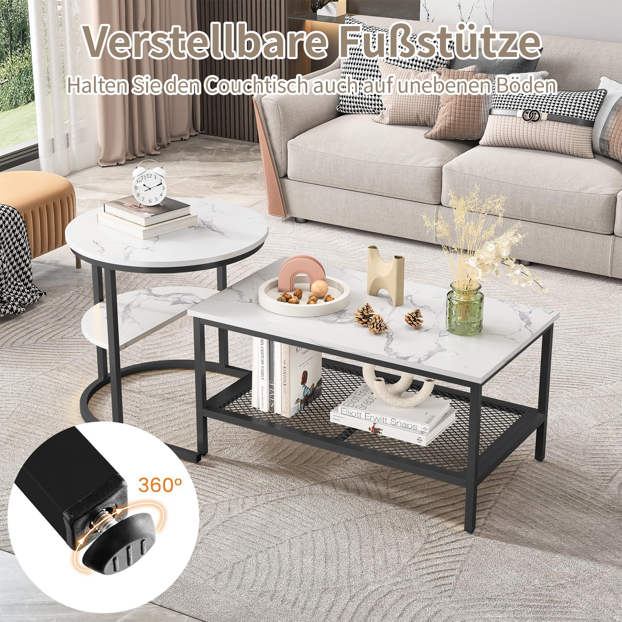 BHFFTHK Salontafel, set van 2, 2-in-1 woonkamertafel met opbergruimte, moderne banktafel, ronde en rechthoekige salontafel in marmerlook, metalen frame, set tafels voor woonkamer, bijzettafelset