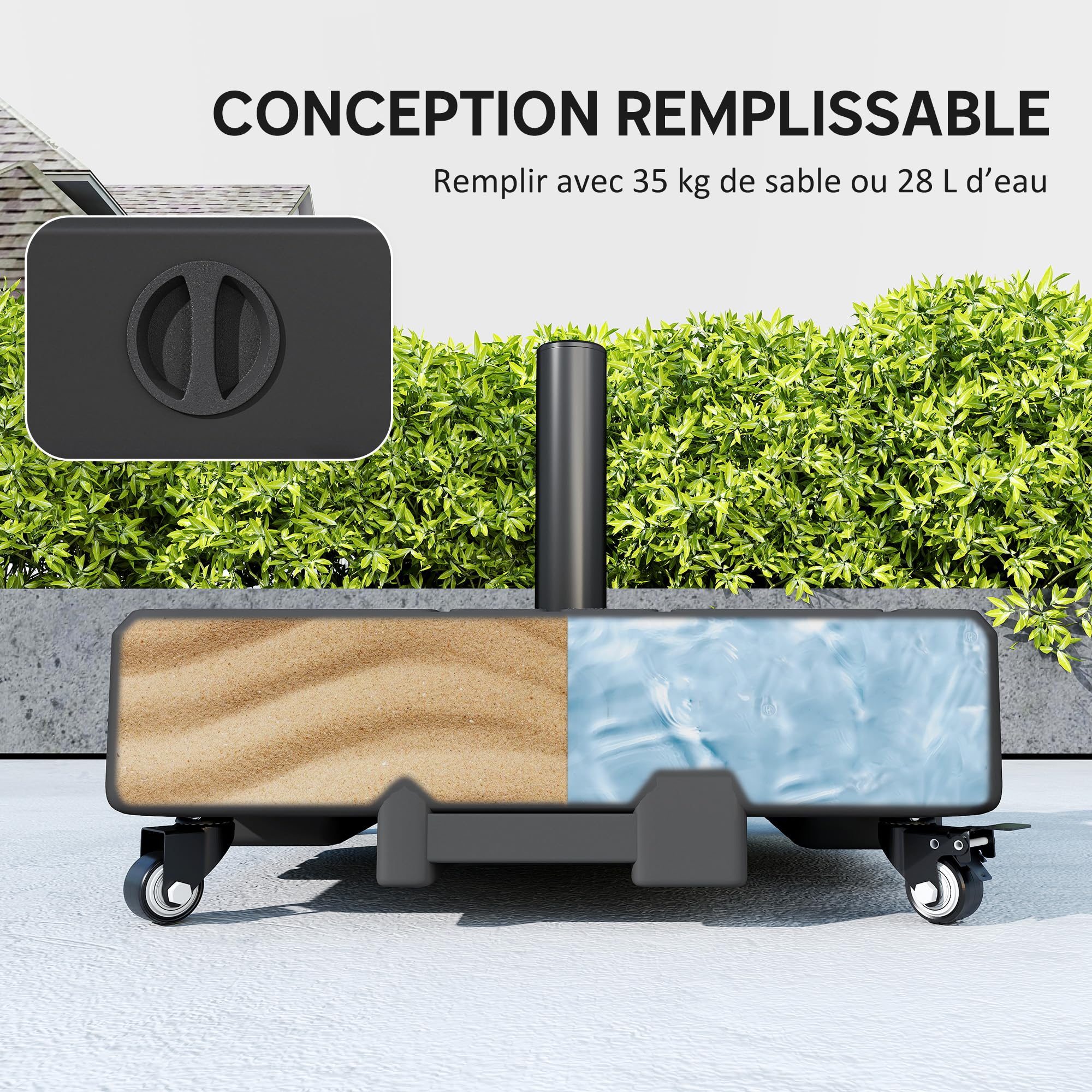 Outsunny Pied de Parasol Carré, Socle Parasol extérieur avec Roues Remplissable jusqu'à 35 kg avec Sable ou 28 L avec Eau, pour mât de Ø 38/48 mm, 48 x 48 x 38,5 cm, Noir
