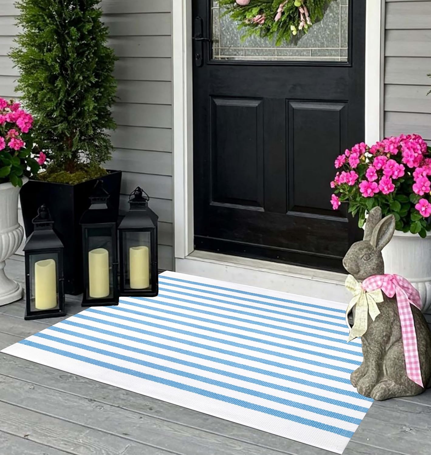 Light Blue White Outdoor Front Door Mat 24"x35",Cotton Woven Washable Striped Layered Doormat Indoor Outdoor Area Rug for Entryway Porch Decor Home Entrance
