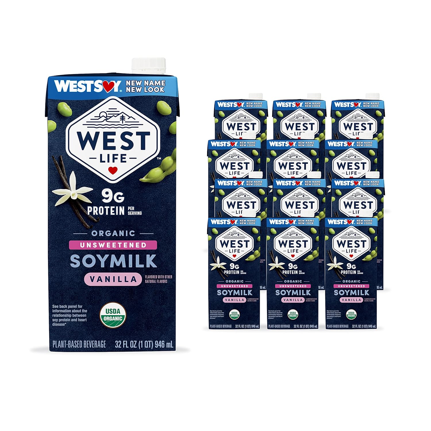 WestLife Organic Unsweetened Vanilla Soy Milk: 9g Protein, Vegan Dairy-Free, Lactose-Free, Shelf-Stable 32oz Pack of 12