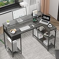 Vista 4 de SUPERJARE Escritorio para juegos en forma de L con luces LED y tomas de corriente, escritorio reversible para computadora con estantes y cajón