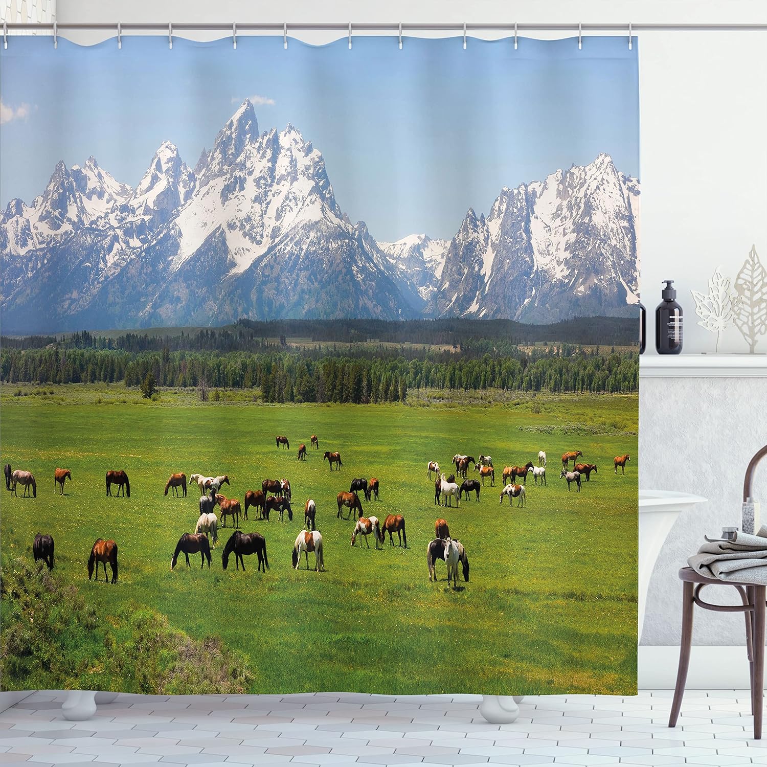 Ambesonne Horse Shower Curtain, Grand Teton National Park Snowy Mountains Fresh Greenery Trees Animals, Cloth Fabric Bathroom Decor Set with Hooks, 69" W x 84" L, Green and Pale Blue